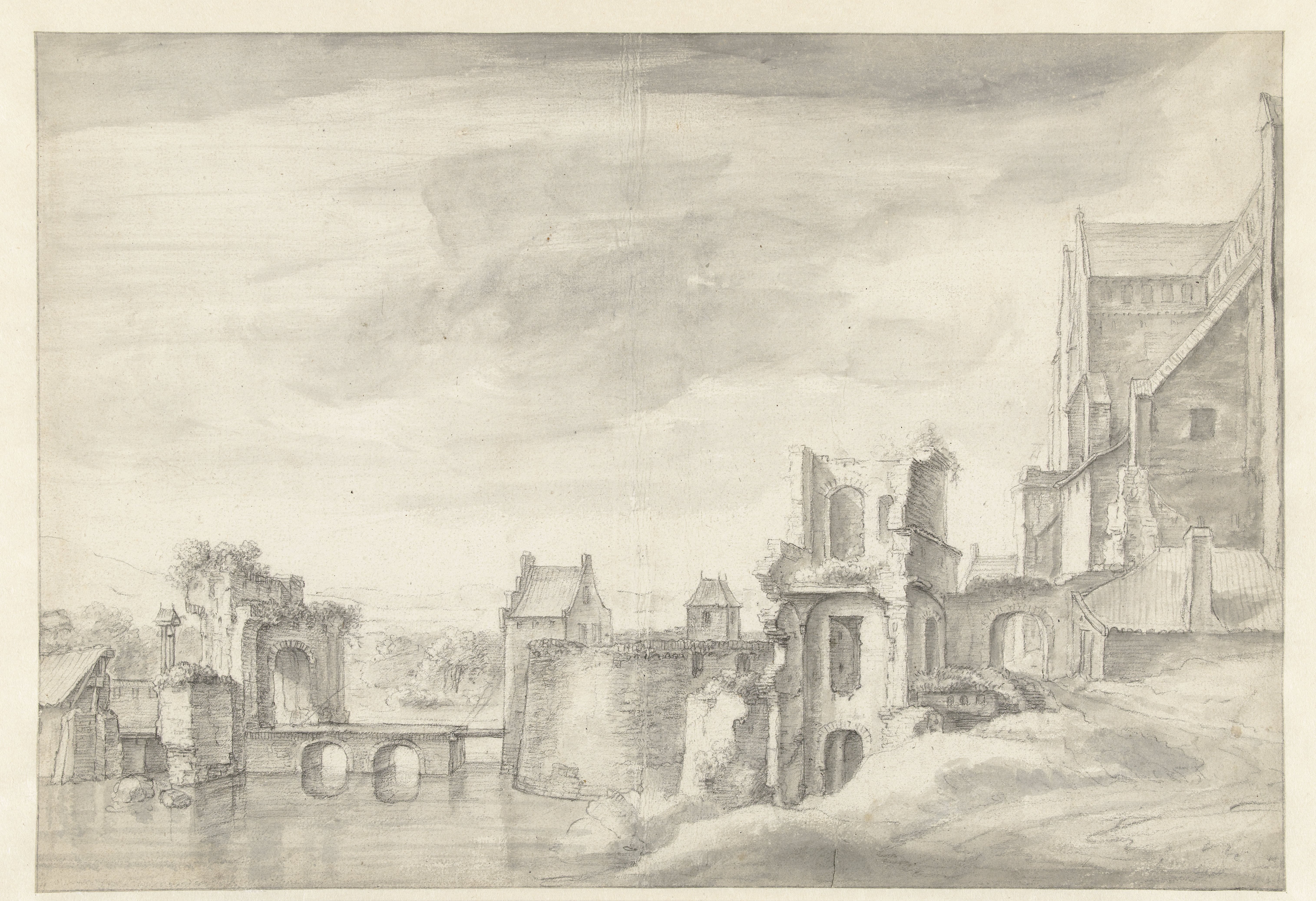 Gezicht op ruïnes aan een rivieroever (St. Walburgkerk te Arnhem?)