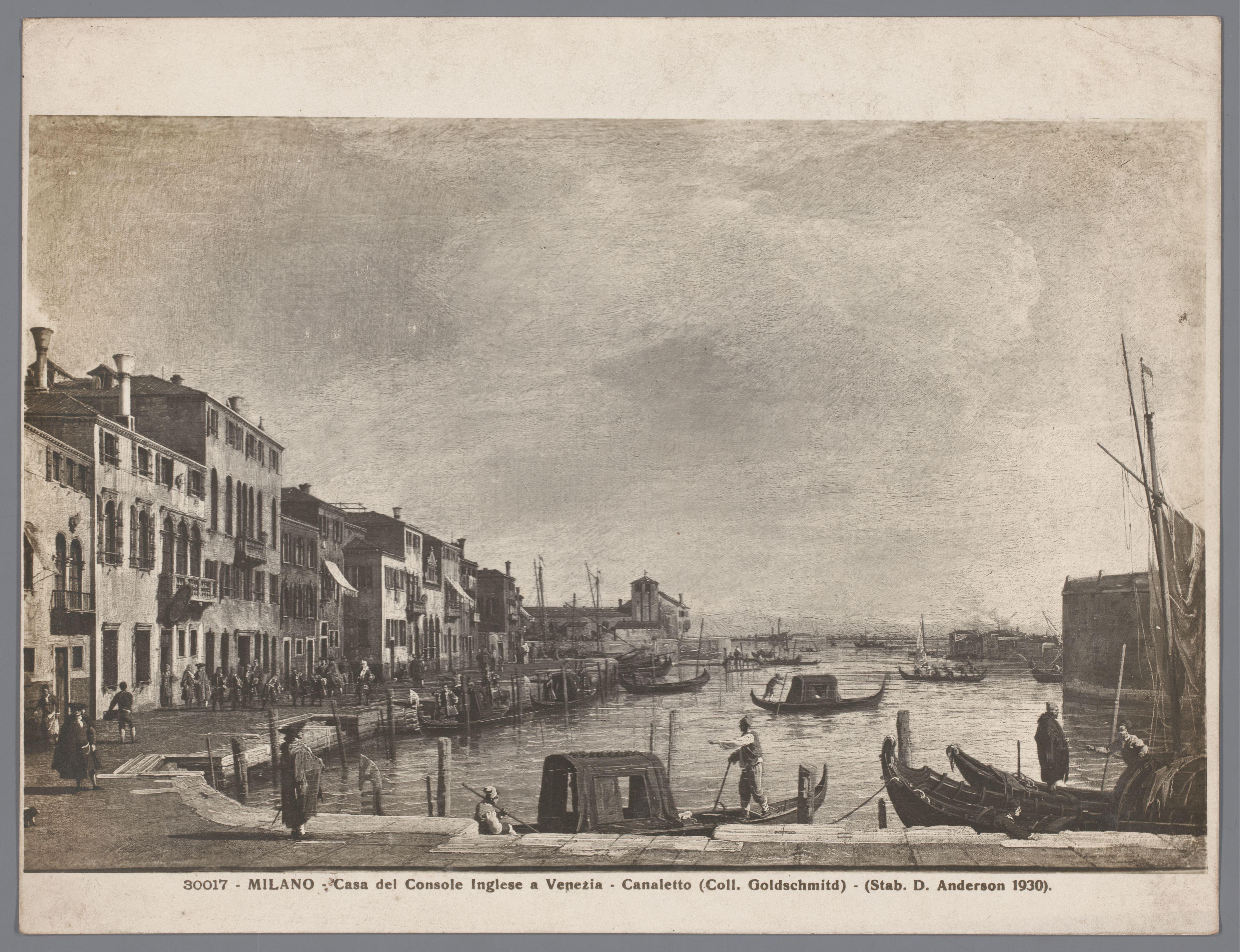 Fotoreproductie van een geschilderd gezicht op het Canale di Santa Chiara in Venetië door Canaletto