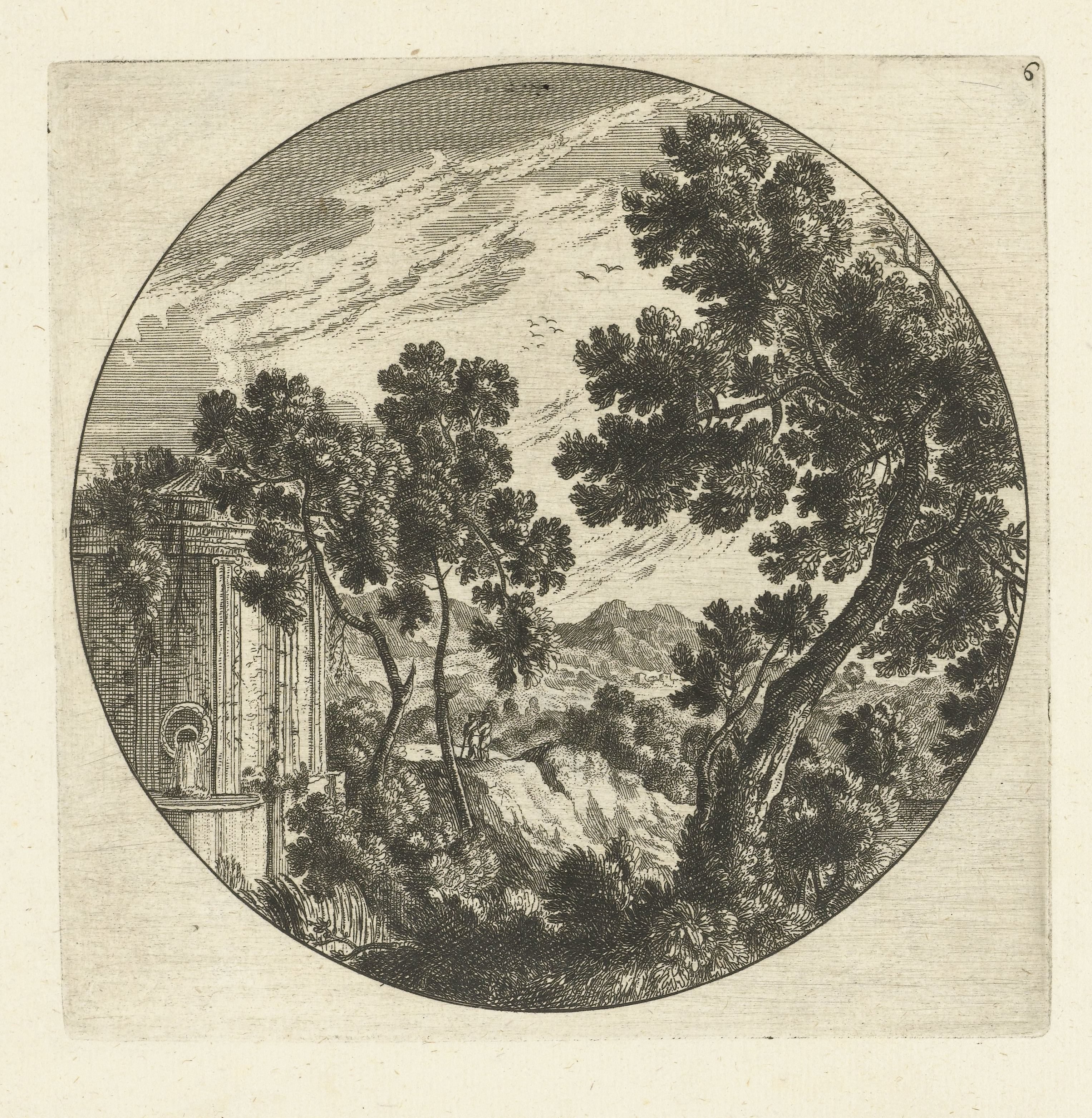 Zuidelijk berglandschap met bomen en bron in rond kader
