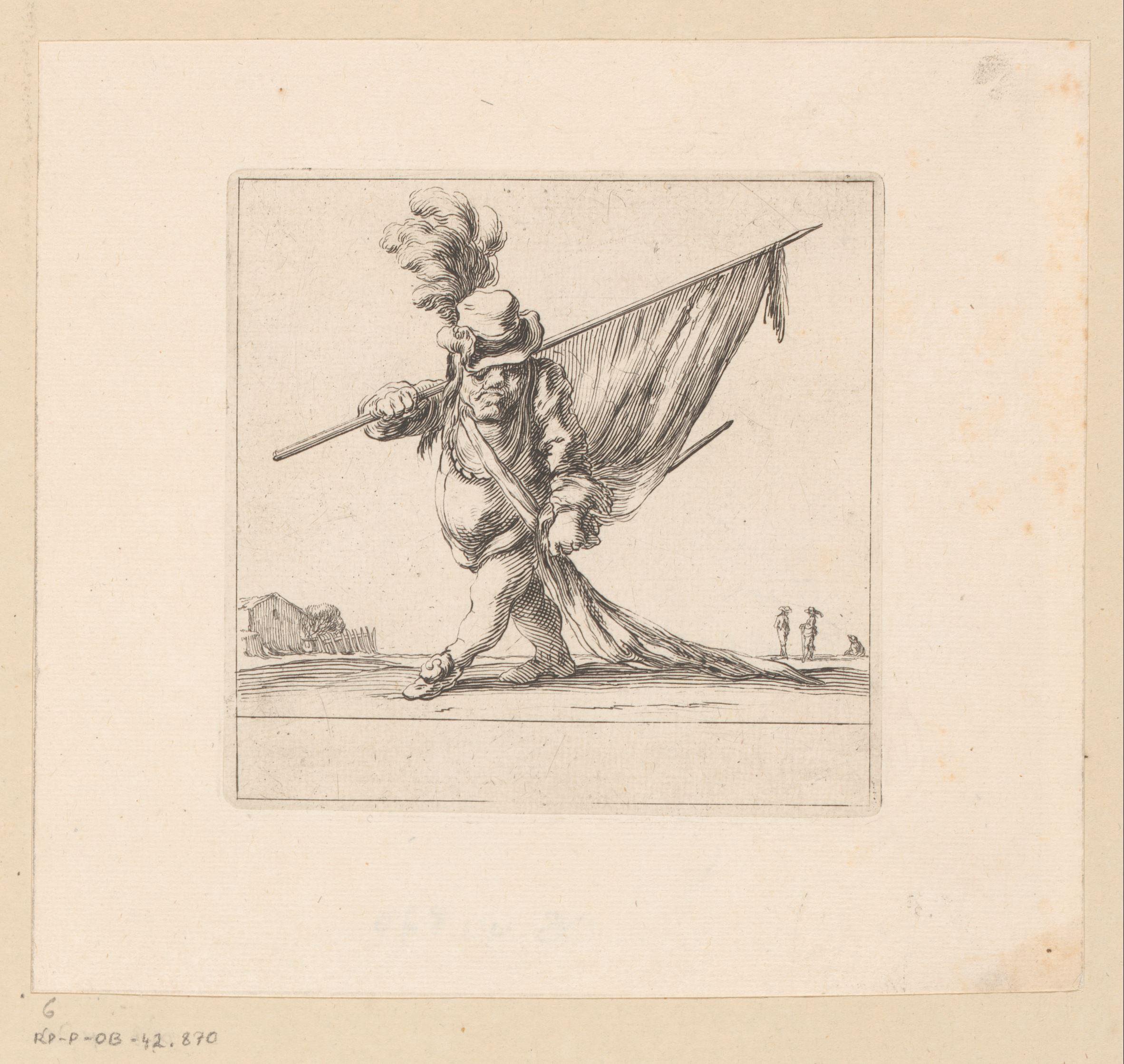 Karikatuur van een vaandeldragende man