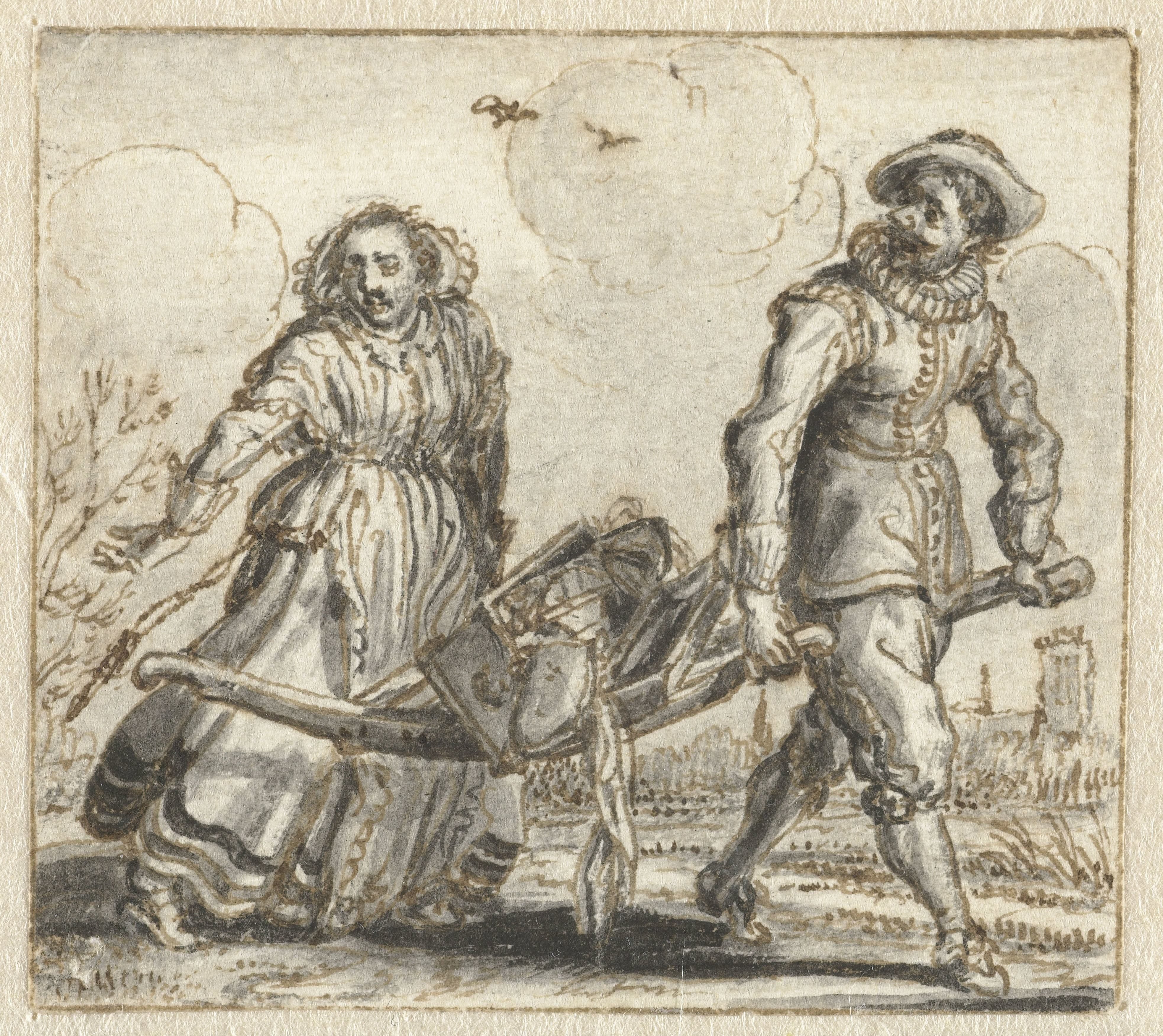 Man and Woman Carrying Household Goods on a Hand-barrow
