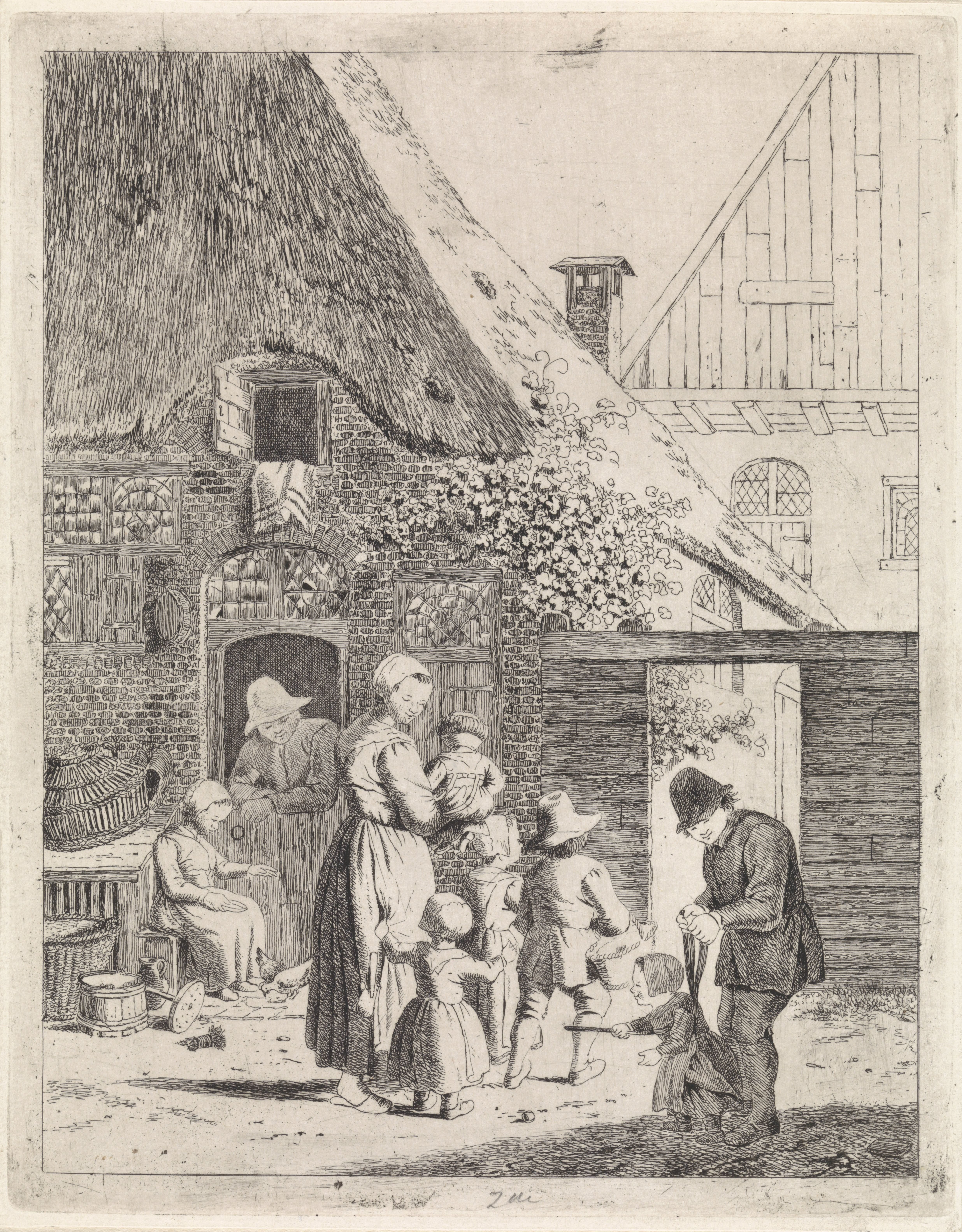 Boeren en kinderen bij boerderij