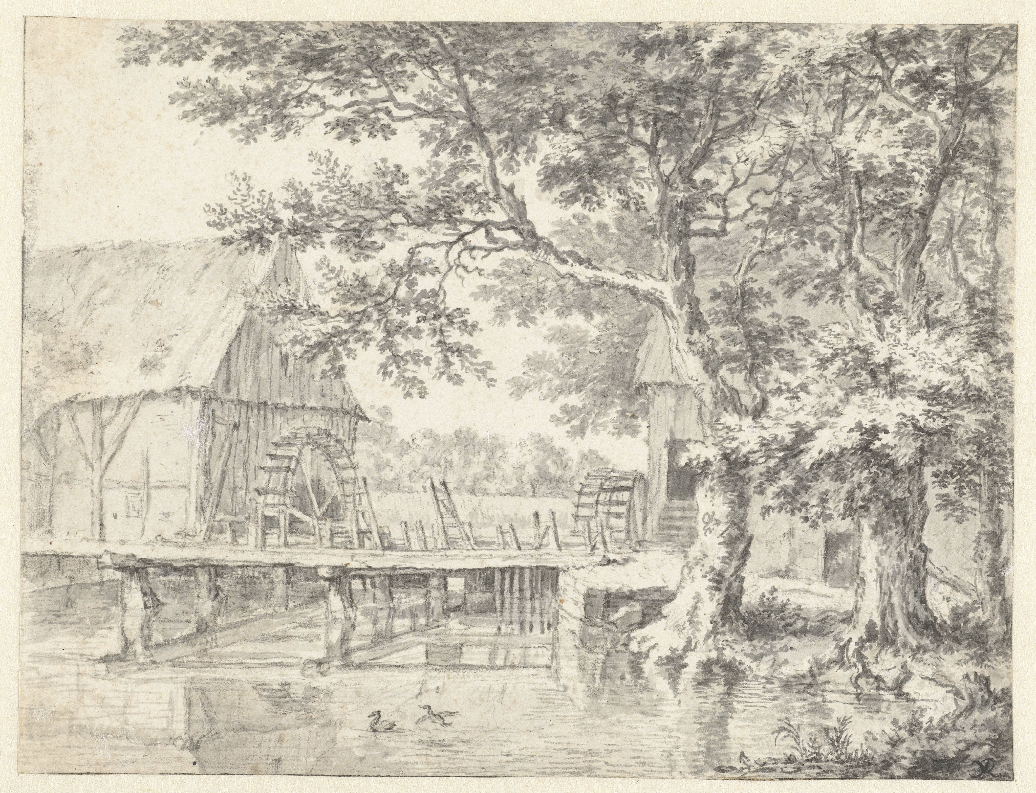 View of Two Watermills Flanking a Sluice