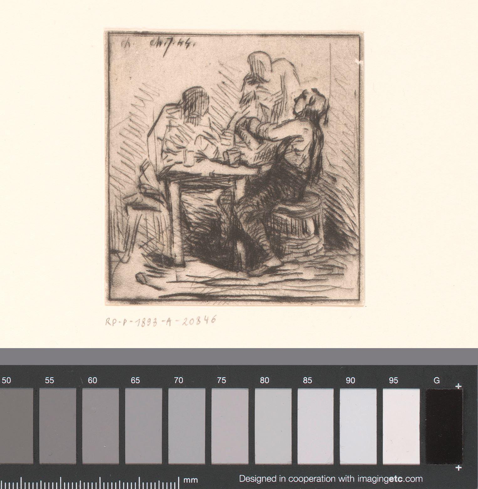 Drie figuren aan een tafel