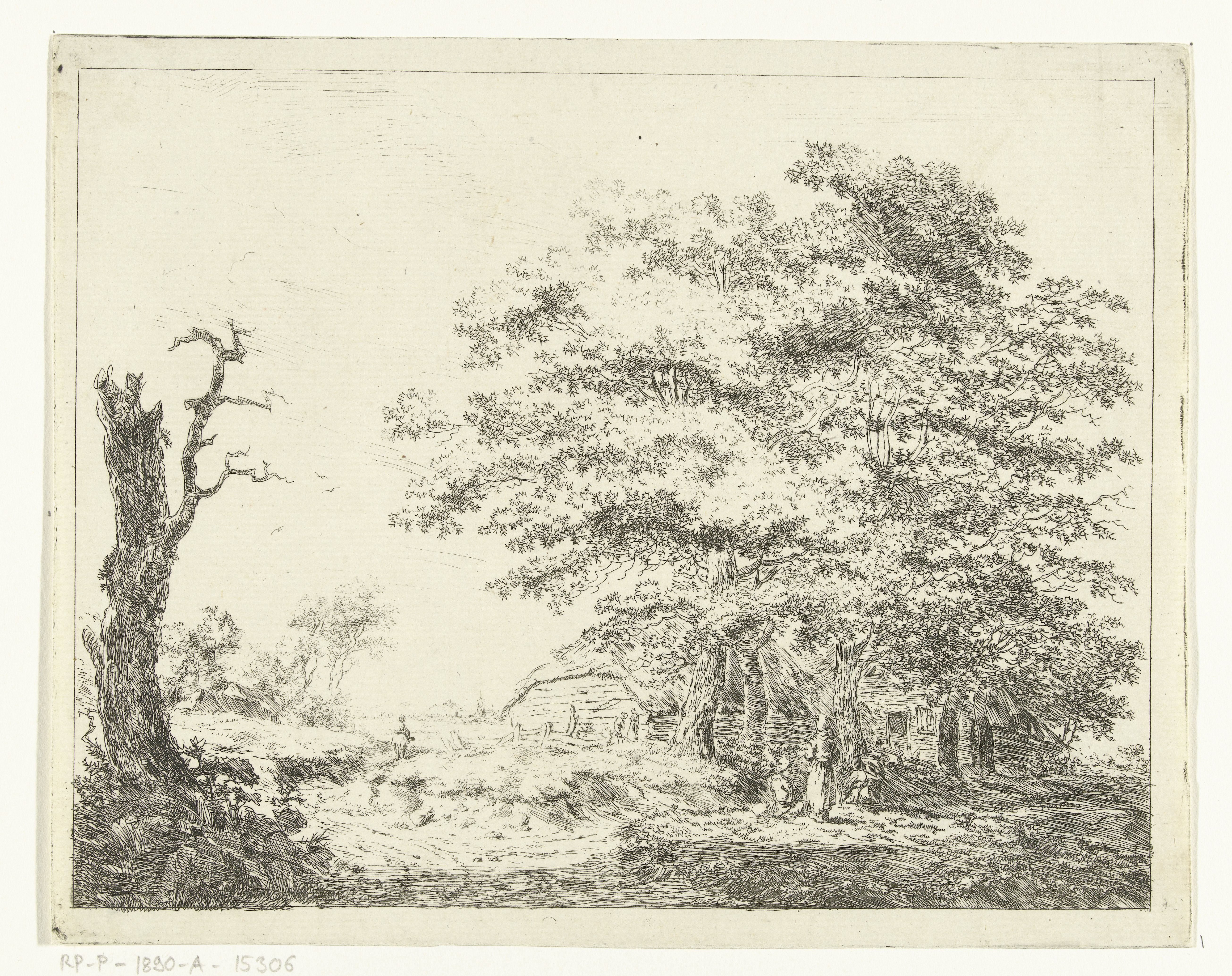 Landschap met boerderij en figuren onder bomen