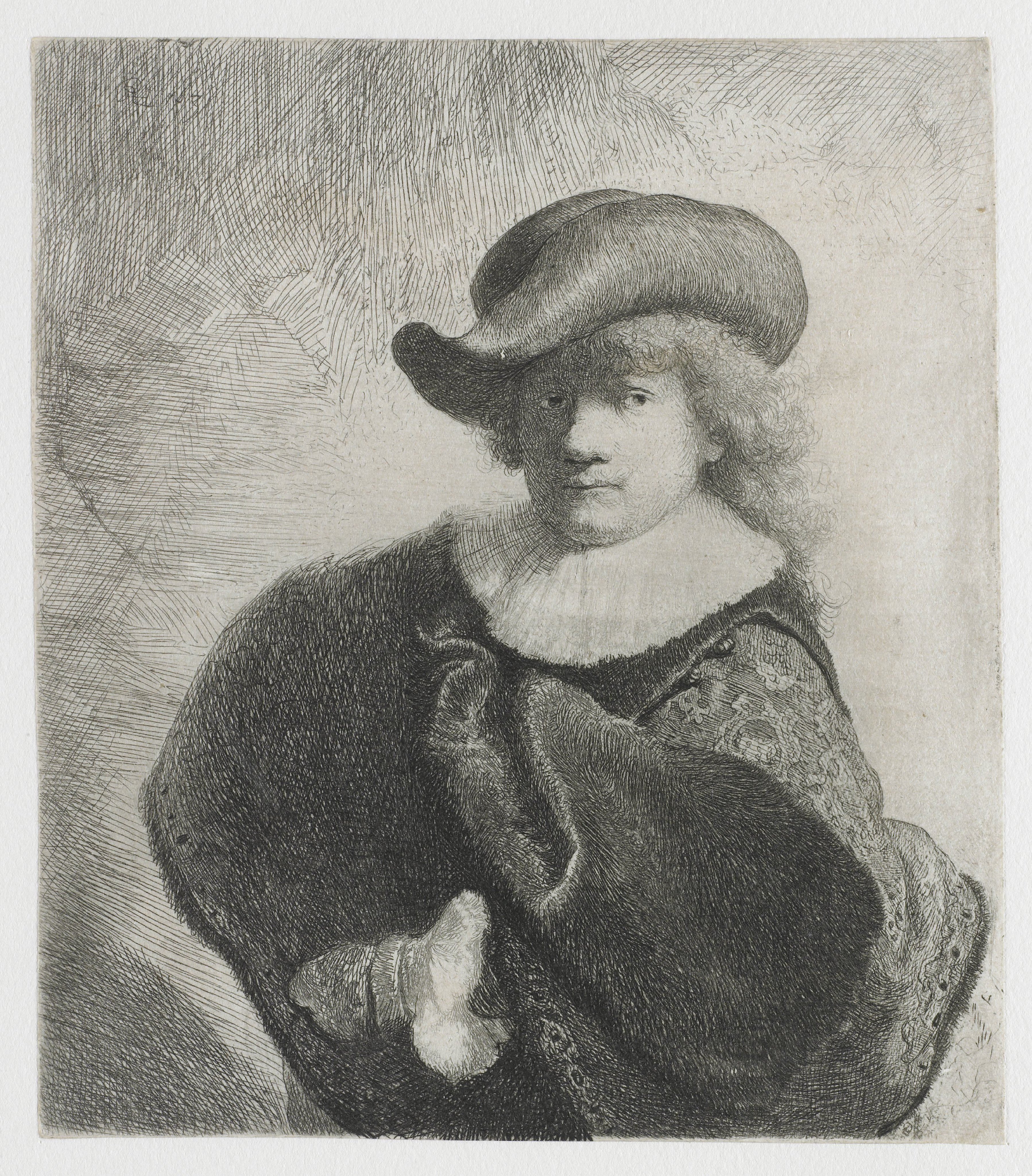 Self-portrait in a soft hat and a patterned cloak