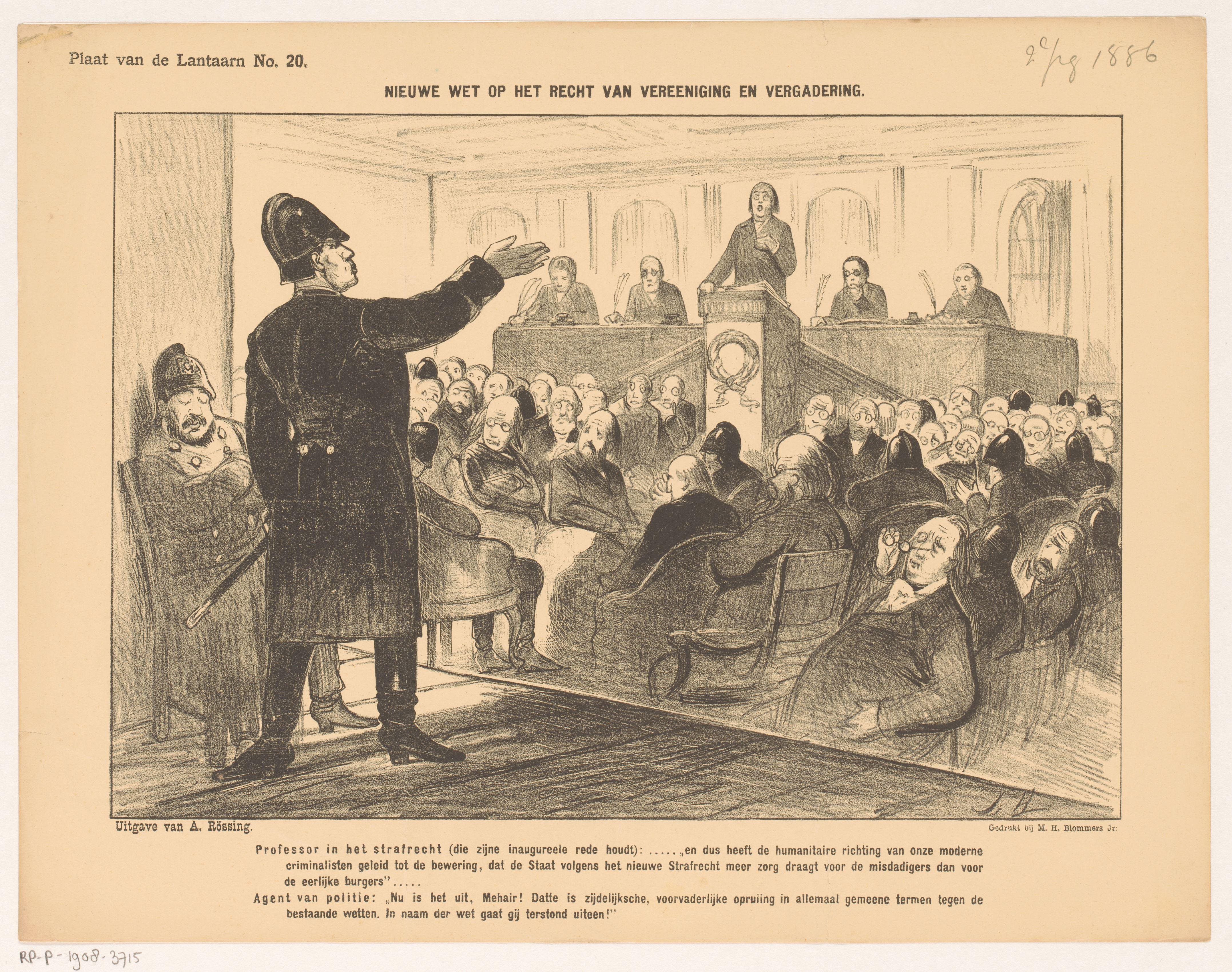Spotprent over voorstel tot aanpassing op het recht op vereniging en vergadering in 1886