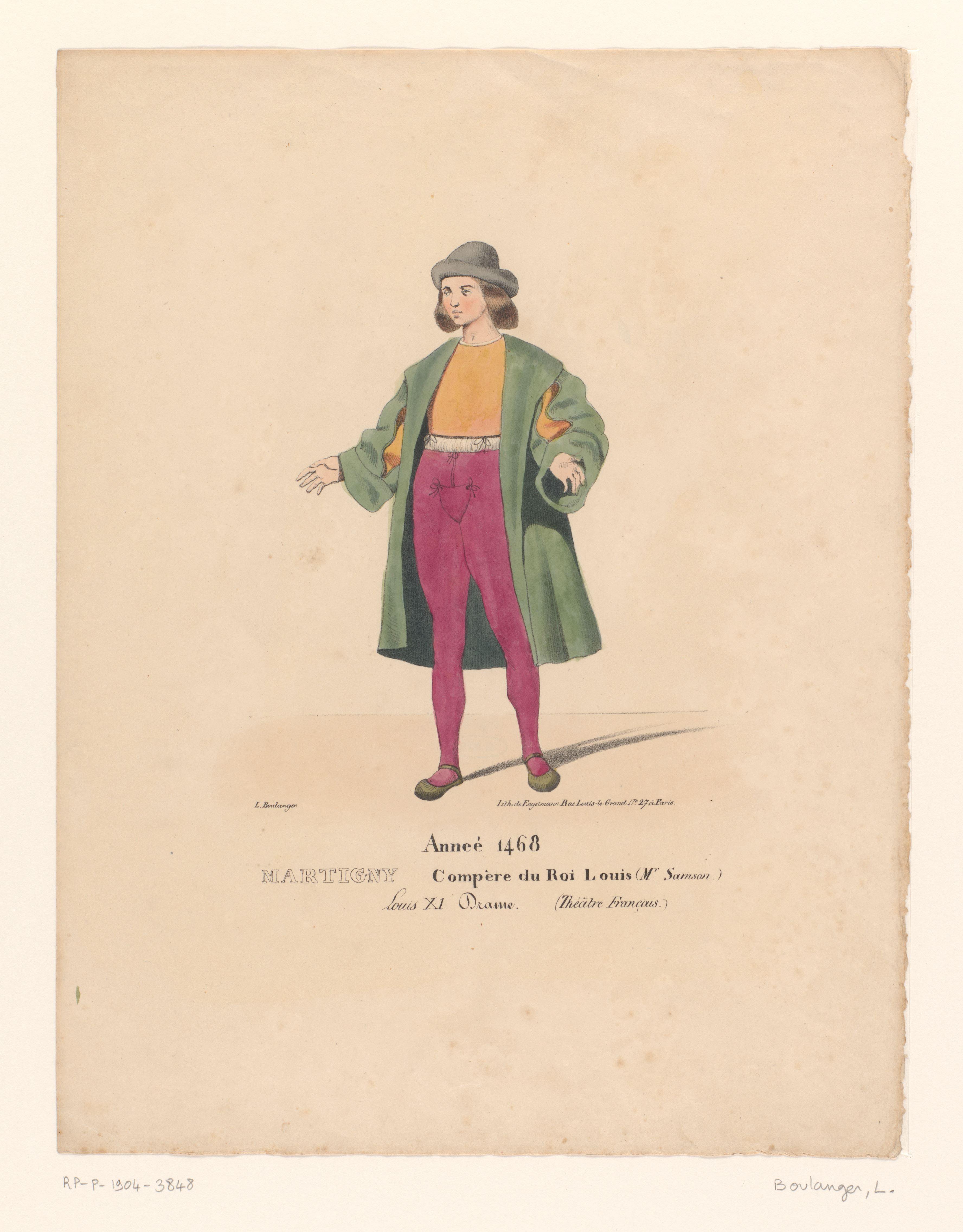 Kostuum van Martigny, helper van Lodewijk XI van Frankrijk, uit het drama Louis XI à Péronne
