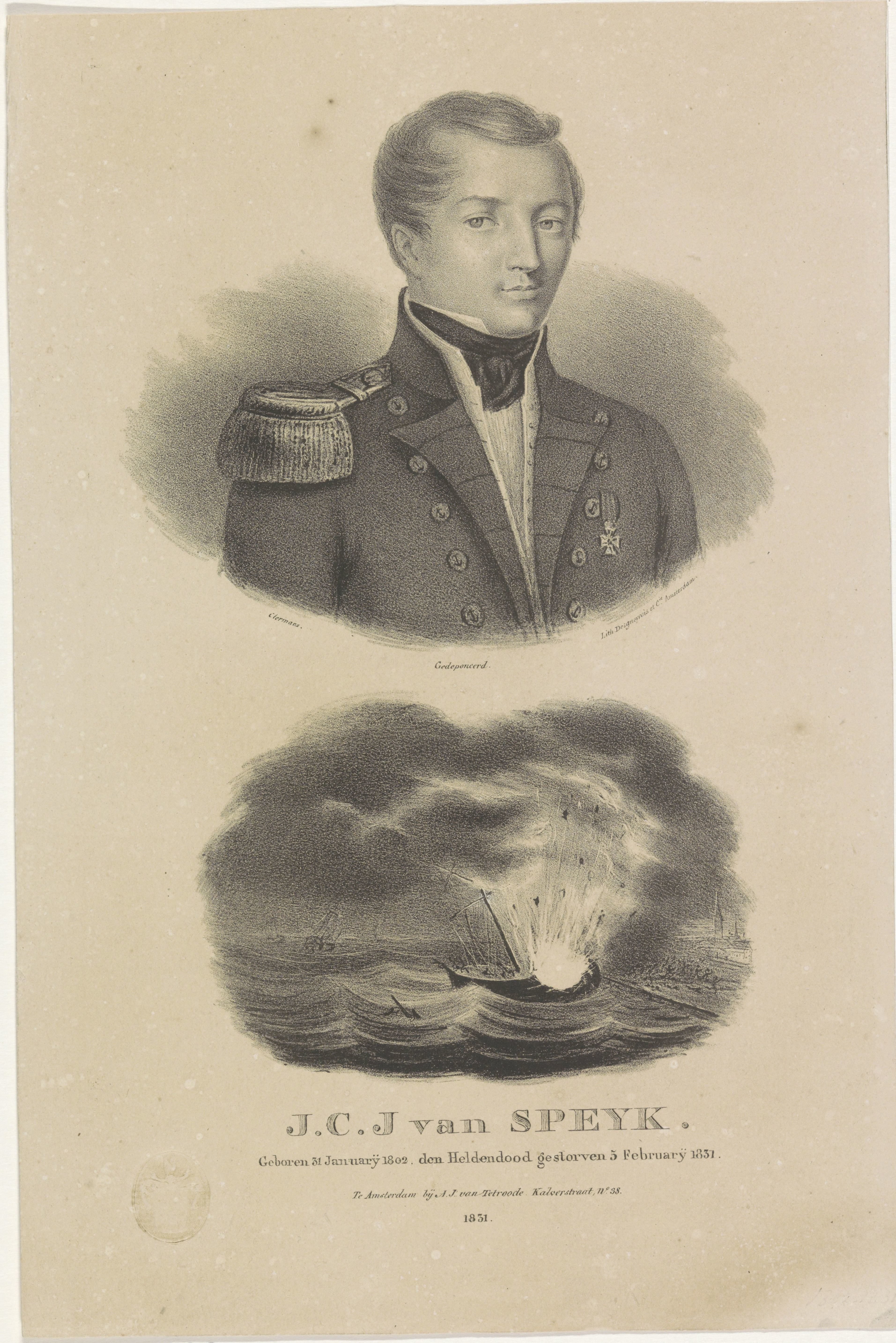 Portret van Jan van Speyk en de ontploffing van zijn schip