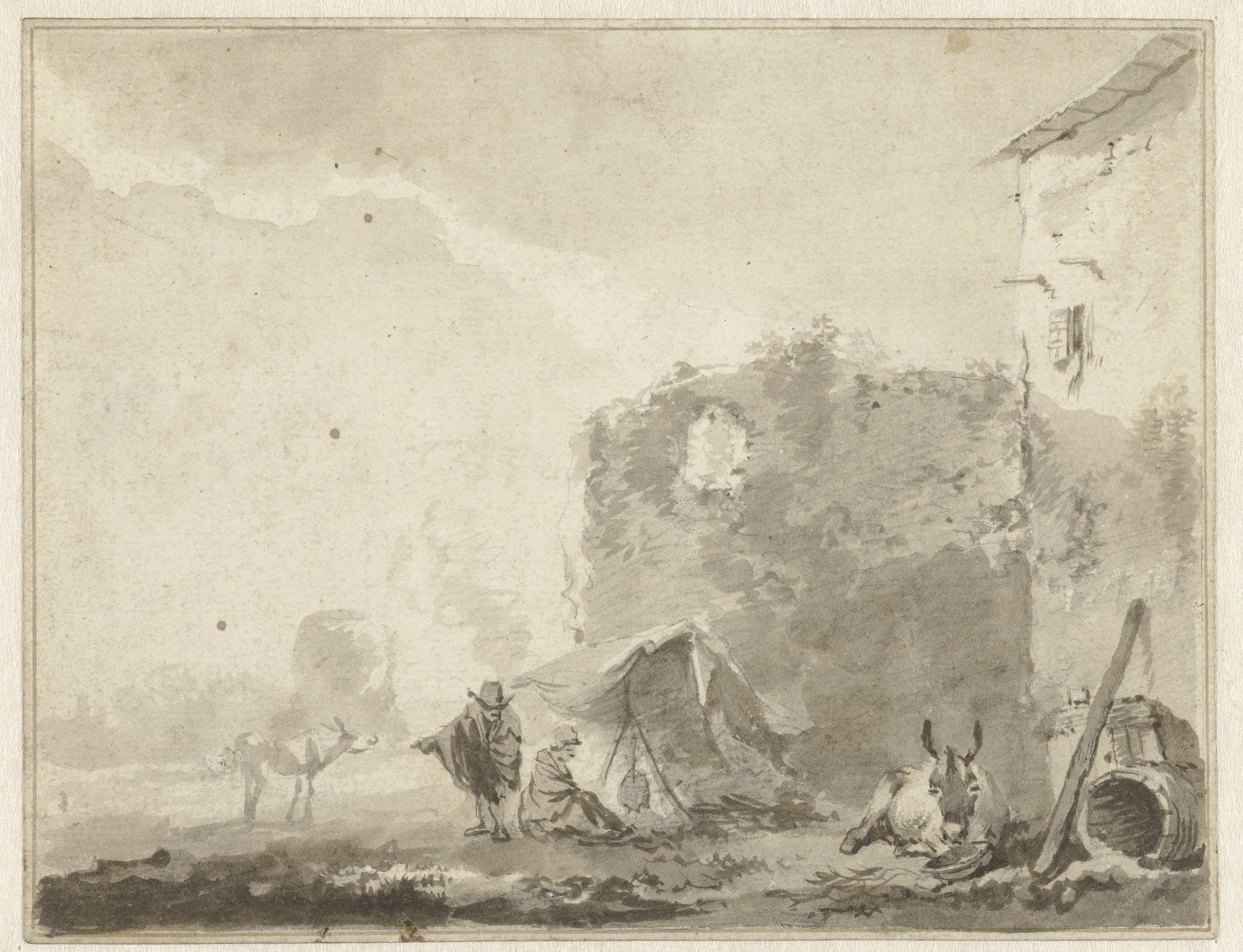 Italianiserend landschap met een ruïne, twee mensen bij een vuurtje en ezeltjes