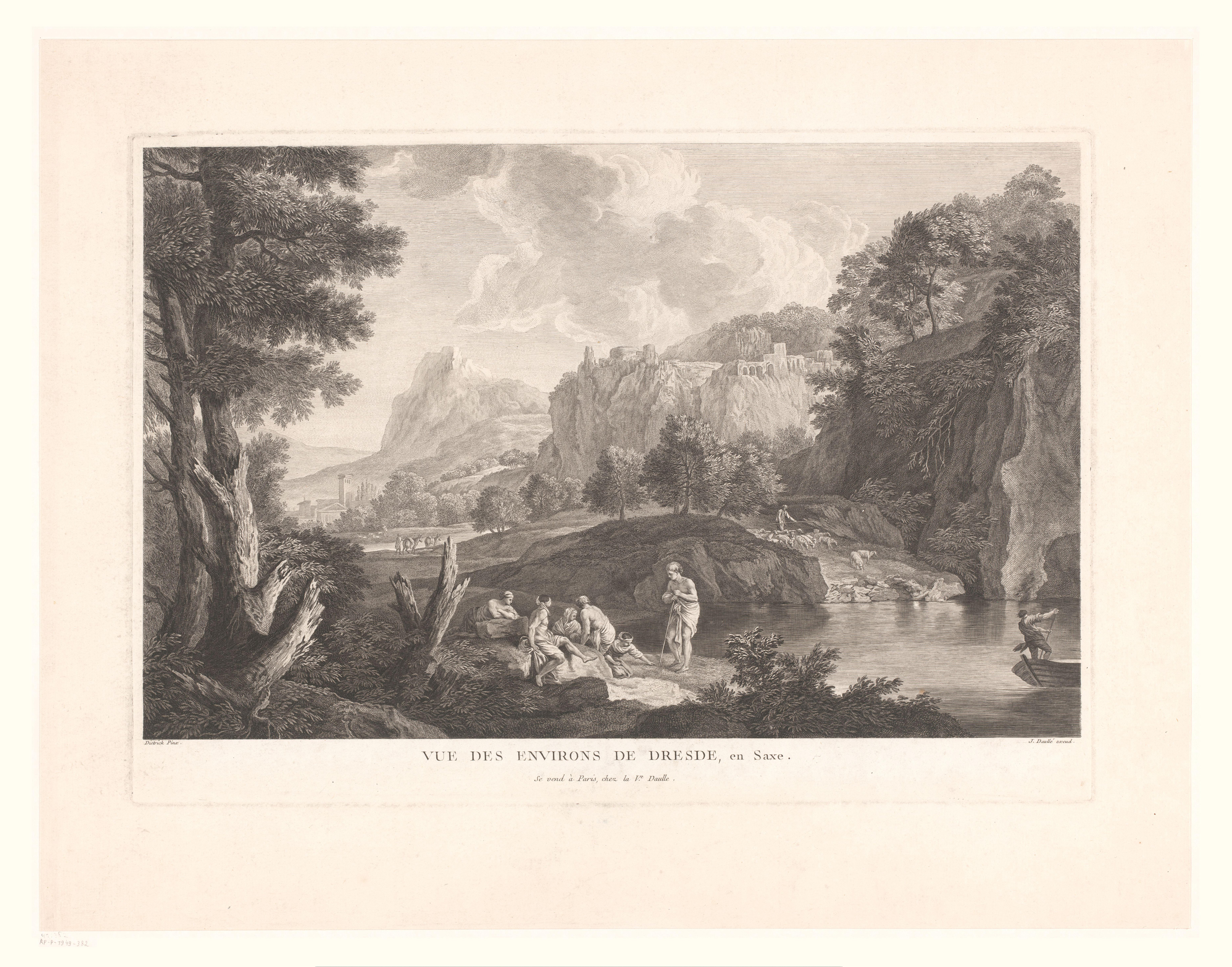 Landschap met rustende figuren en schaapherder bij een rivier