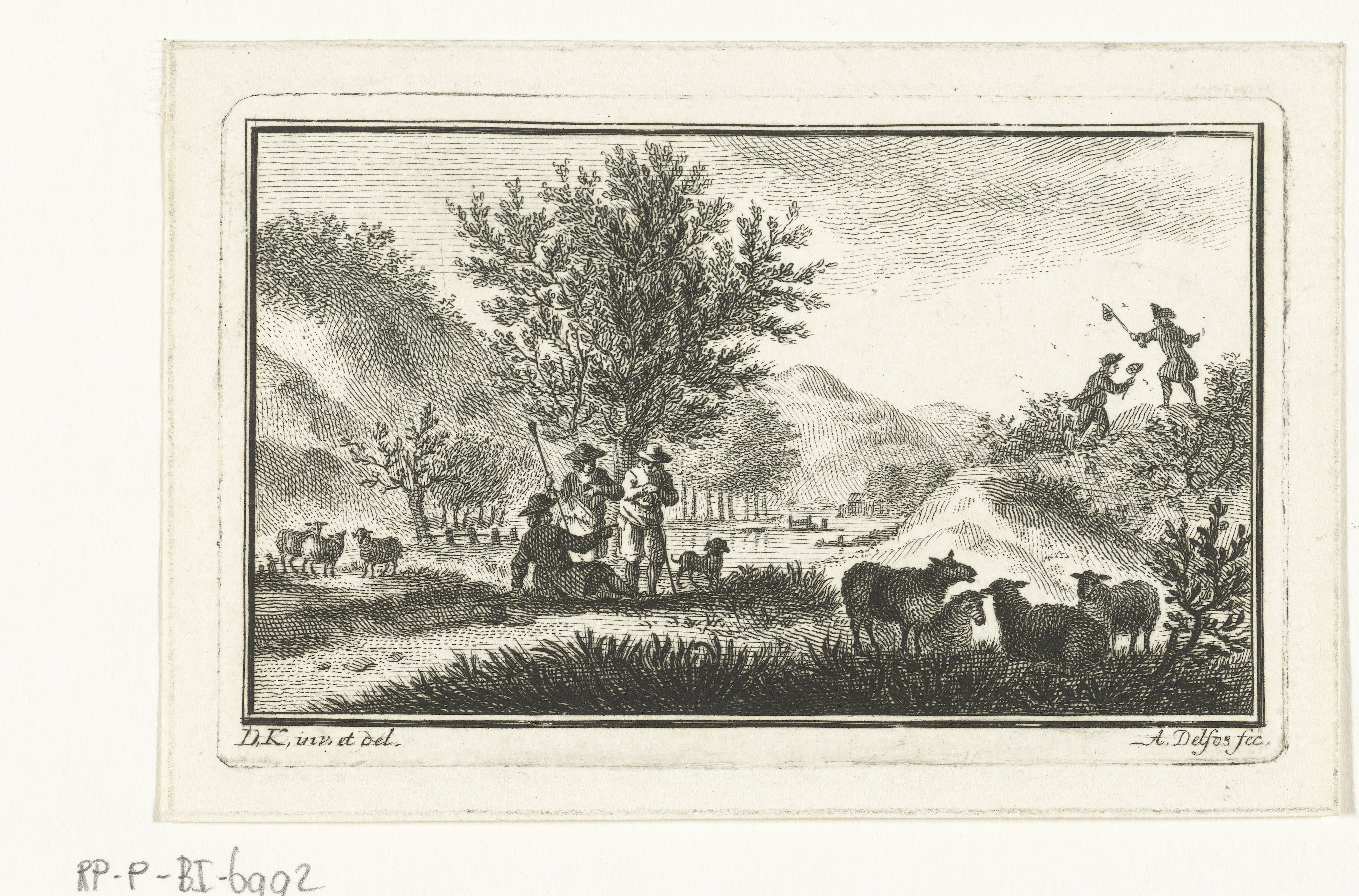 Duinlandschap met rustende herders en mannen die vlinders vangen
