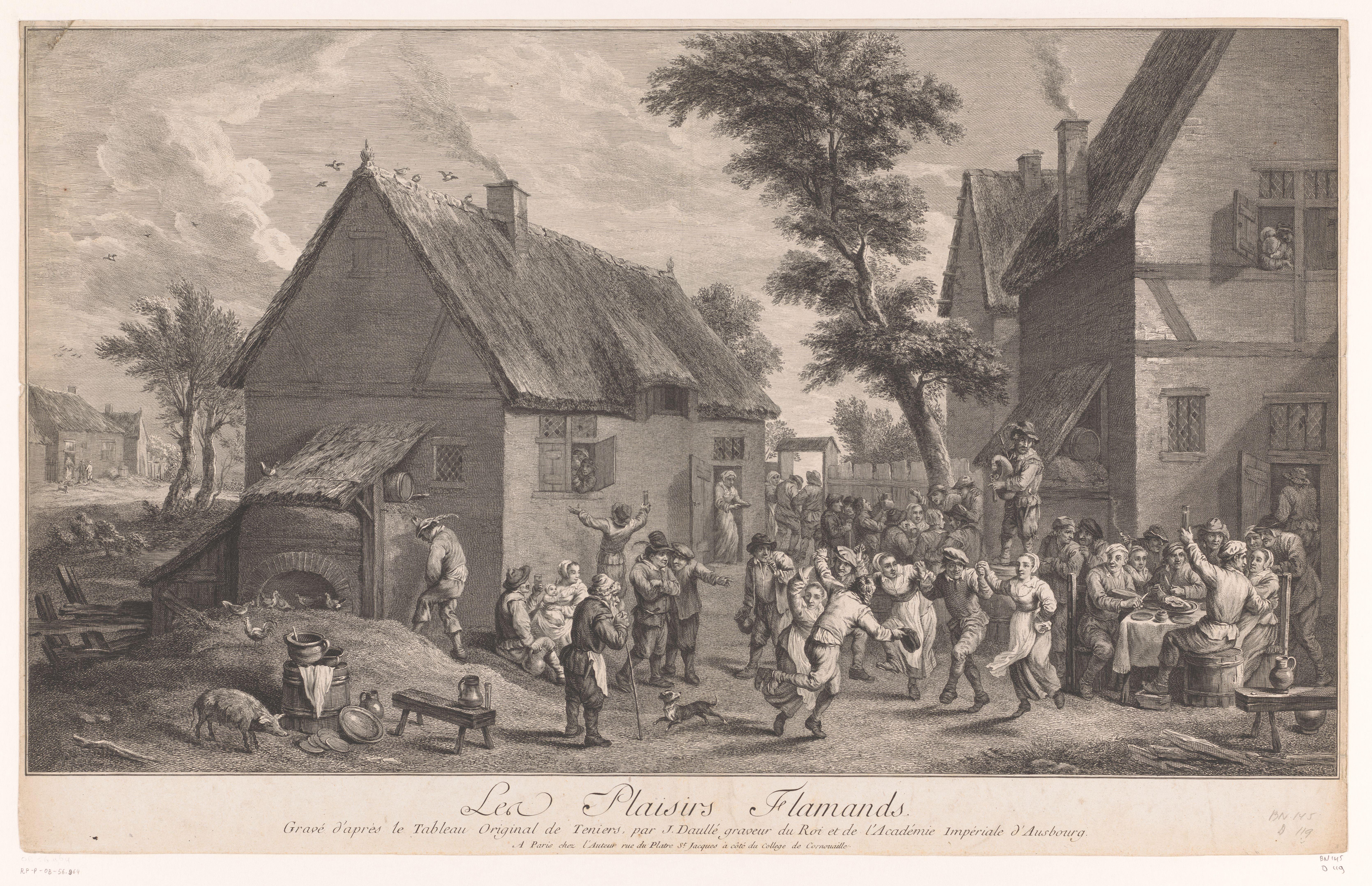 Dansende mensen voor een herberg