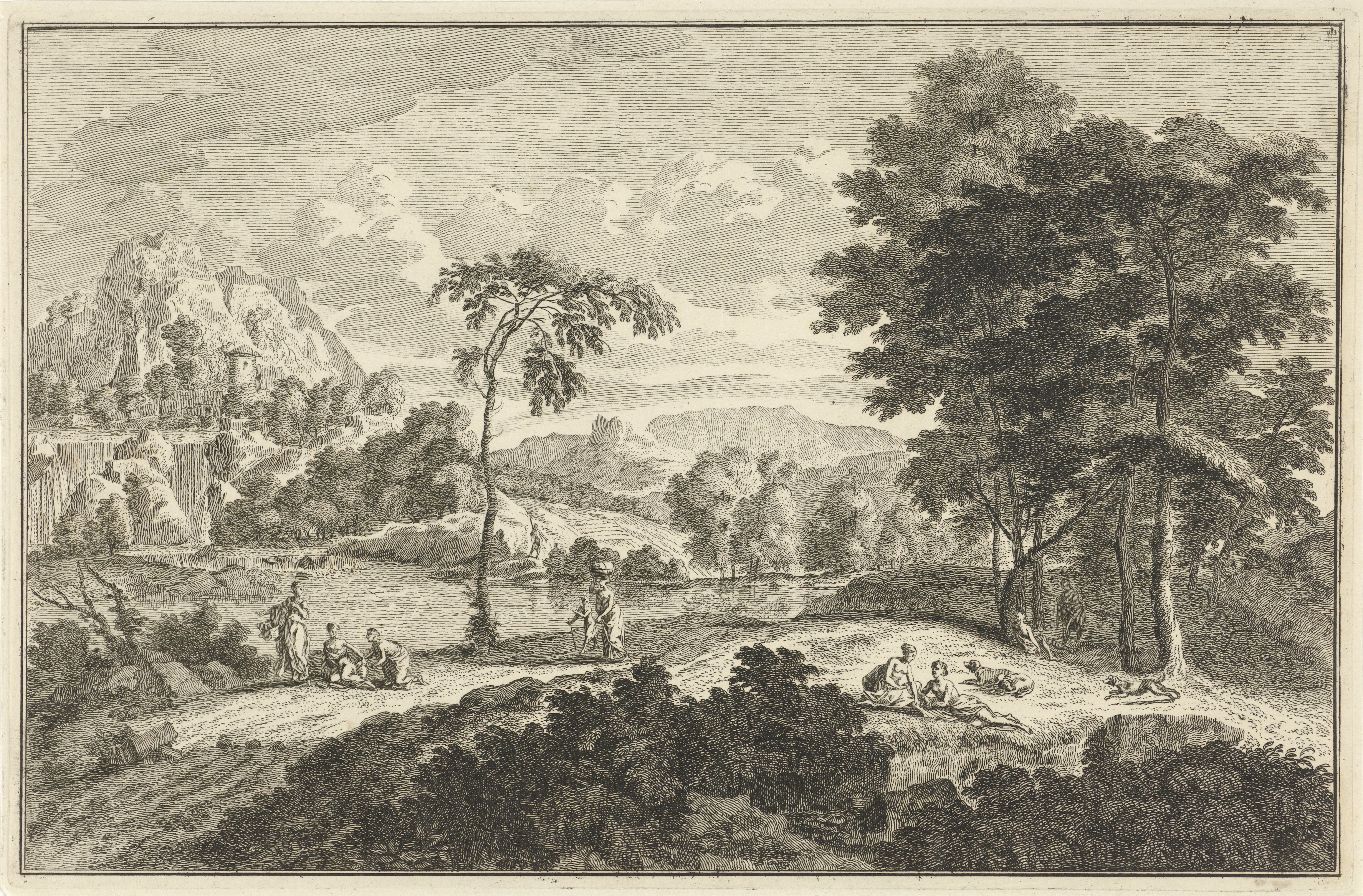 Arcadisch rivierlandschap met waterval en diverse figuurgroepen