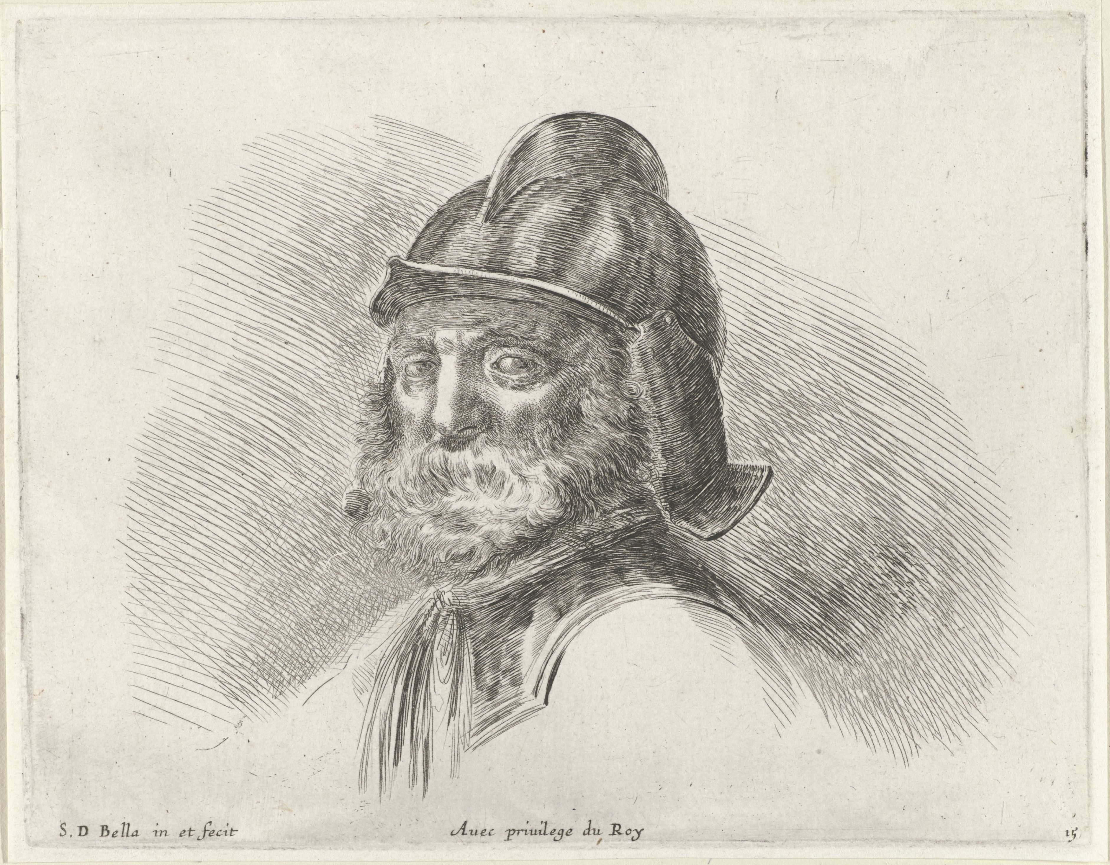 Hoofd van een oude soldaat met baard en halm