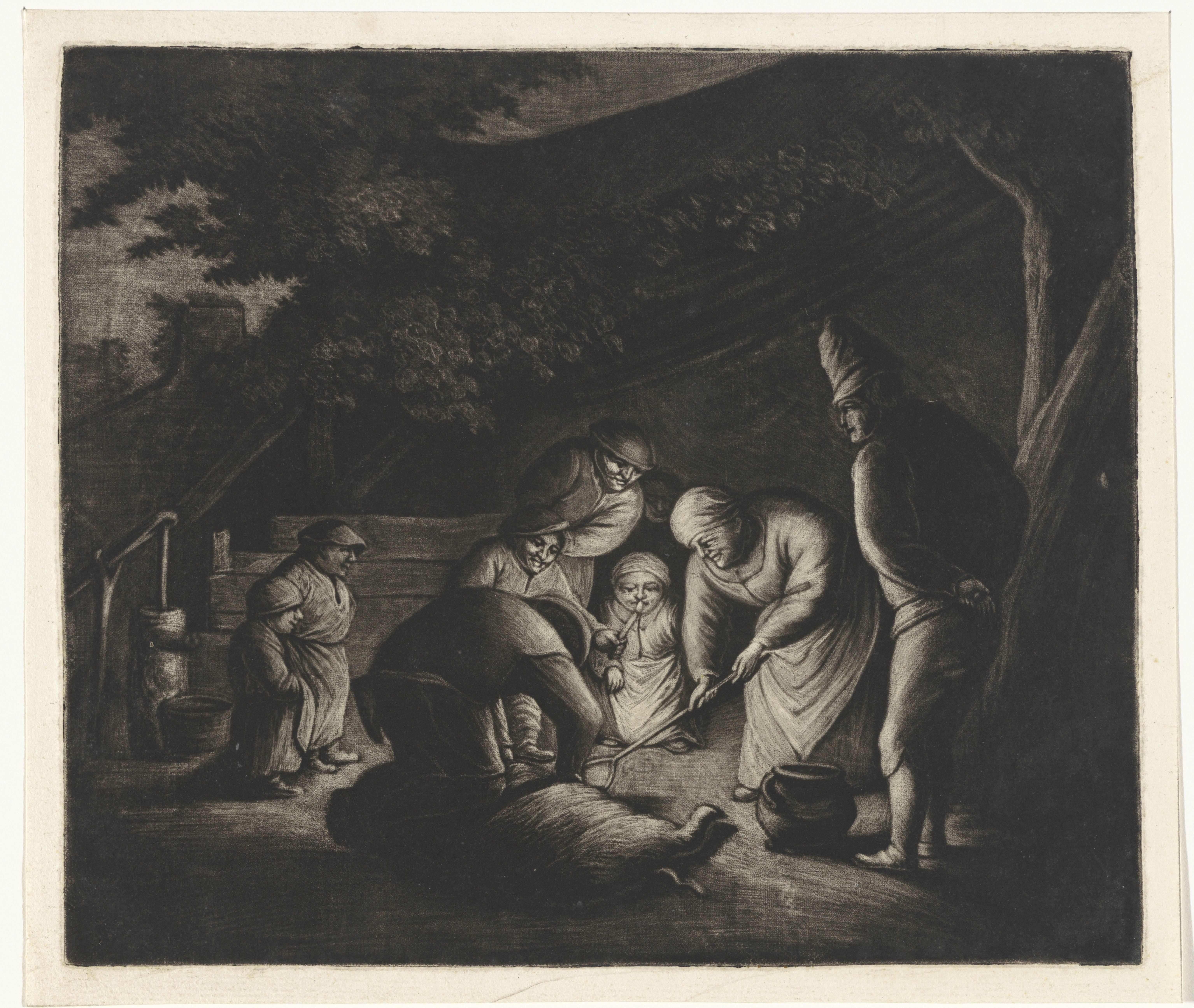 Boerenfamilie bij het slachten van een varken