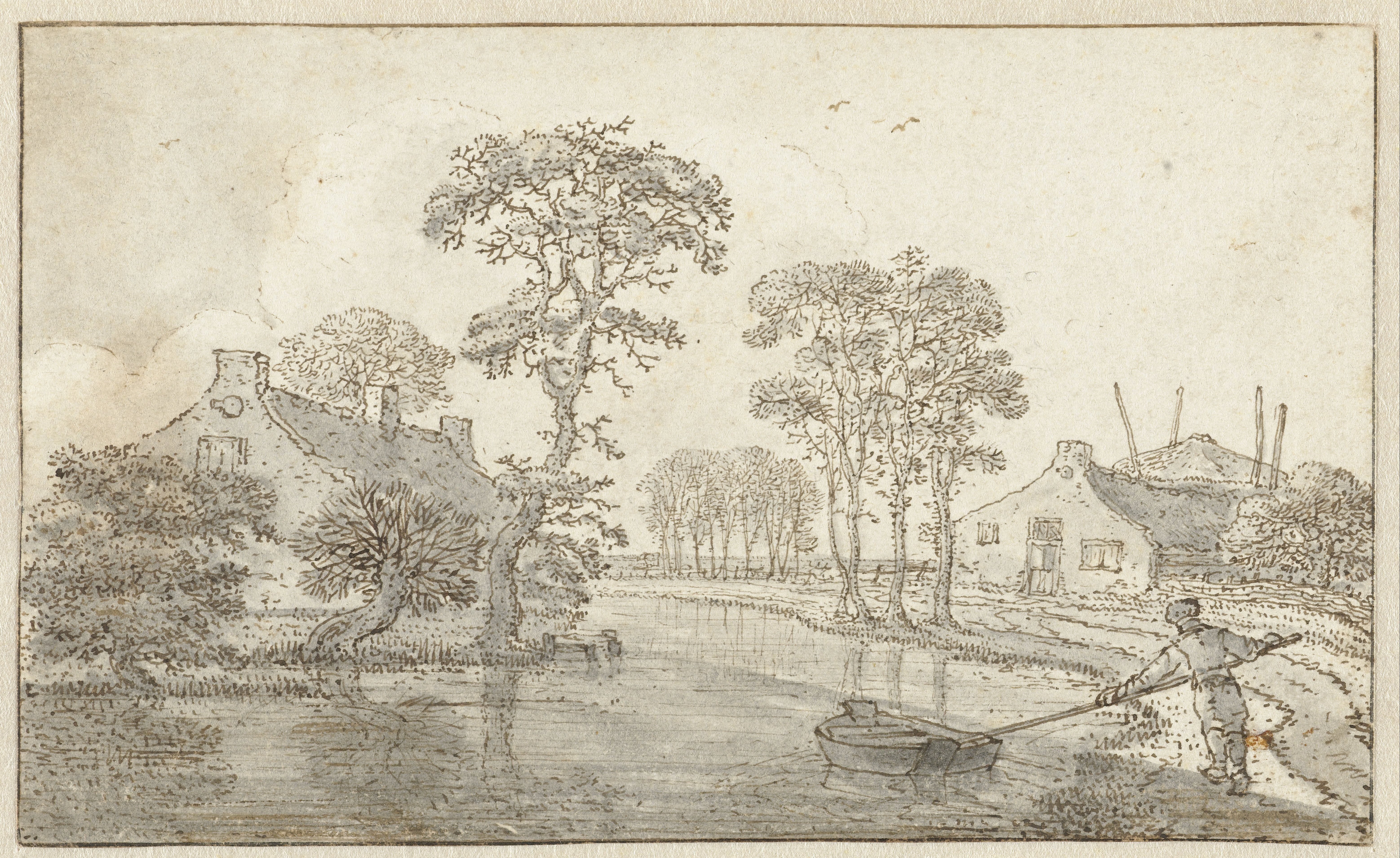 Landschap met twee huizen aan een water