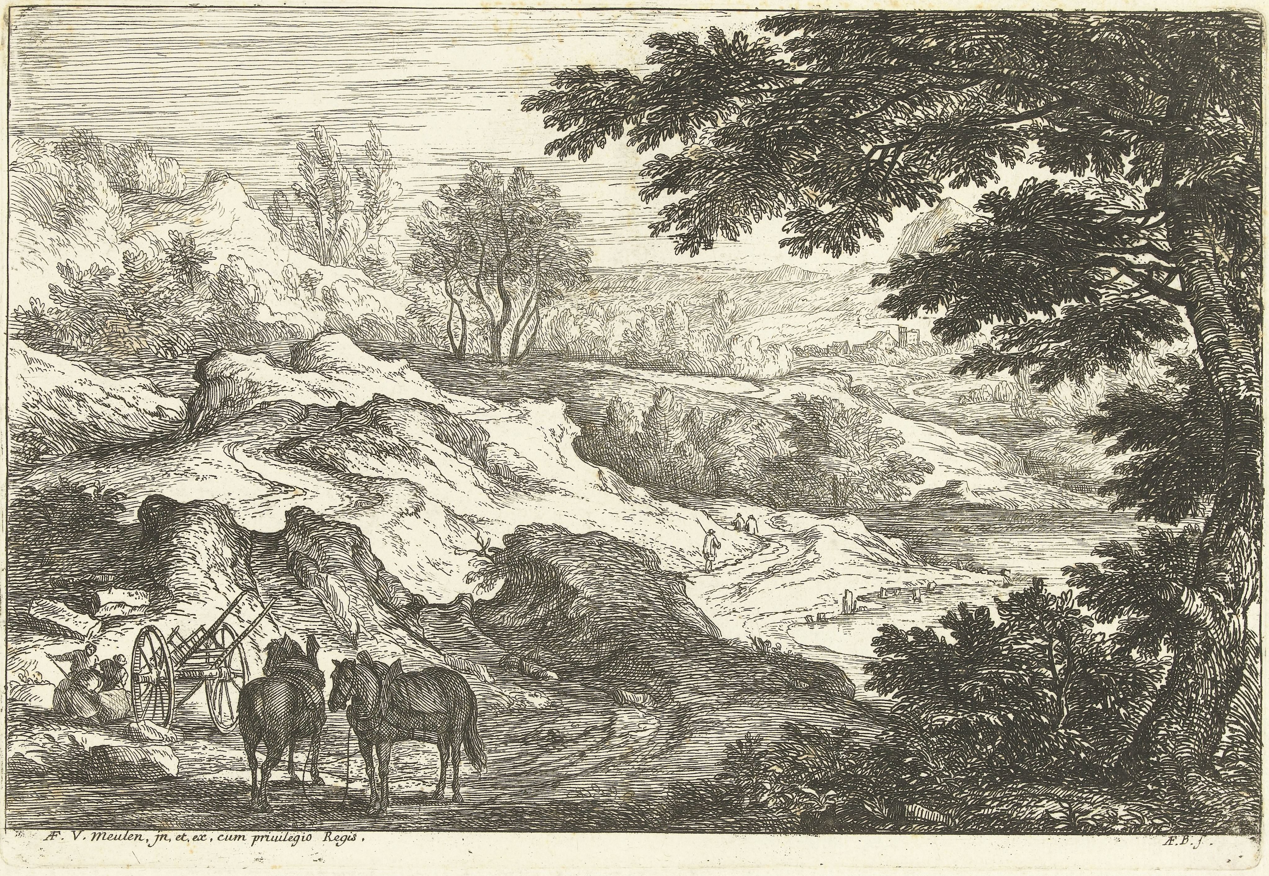 Landschap met links twee paarden