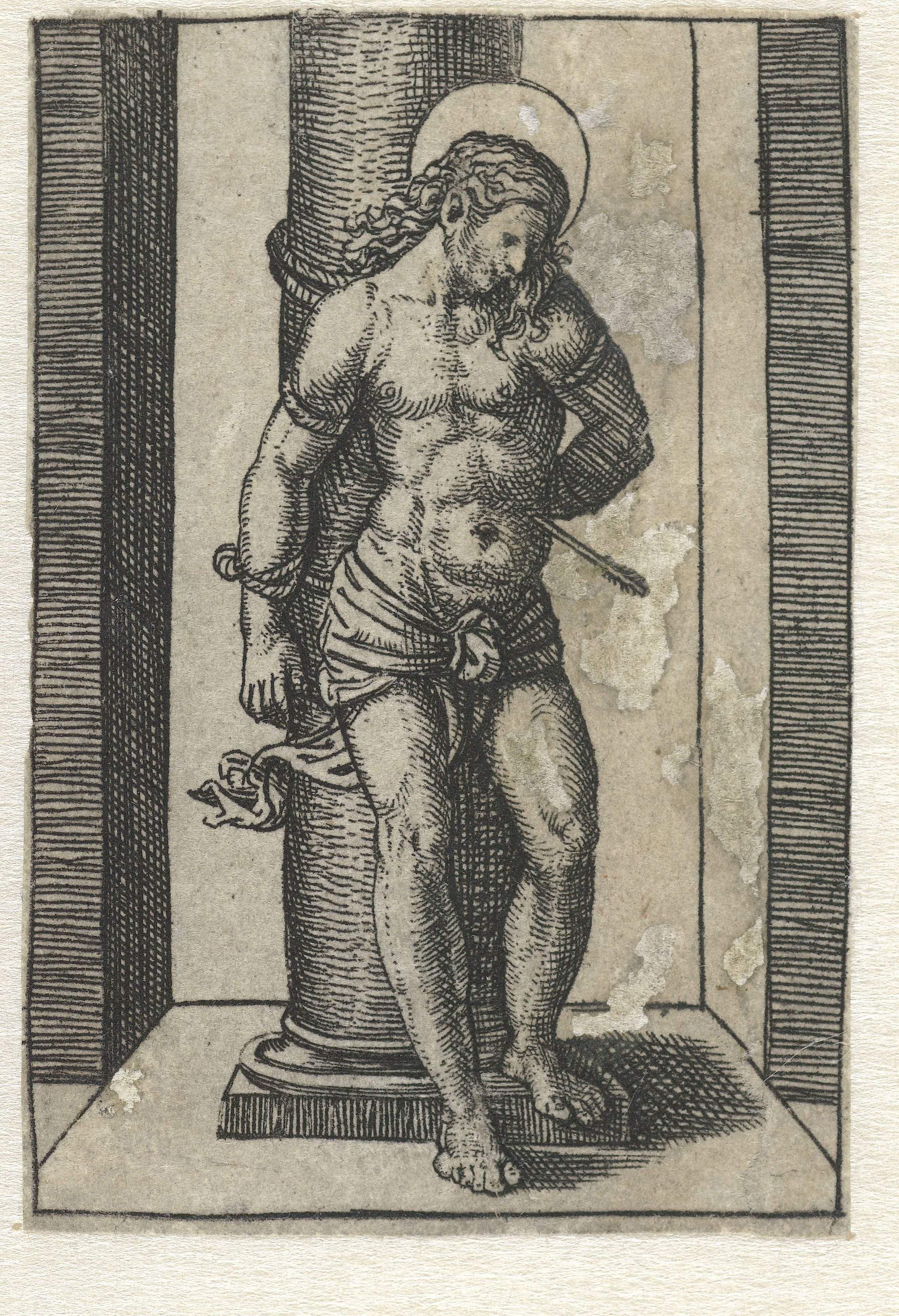 Heilige Sebastiaan vastgebonden aan zuil met pijl in lichaam