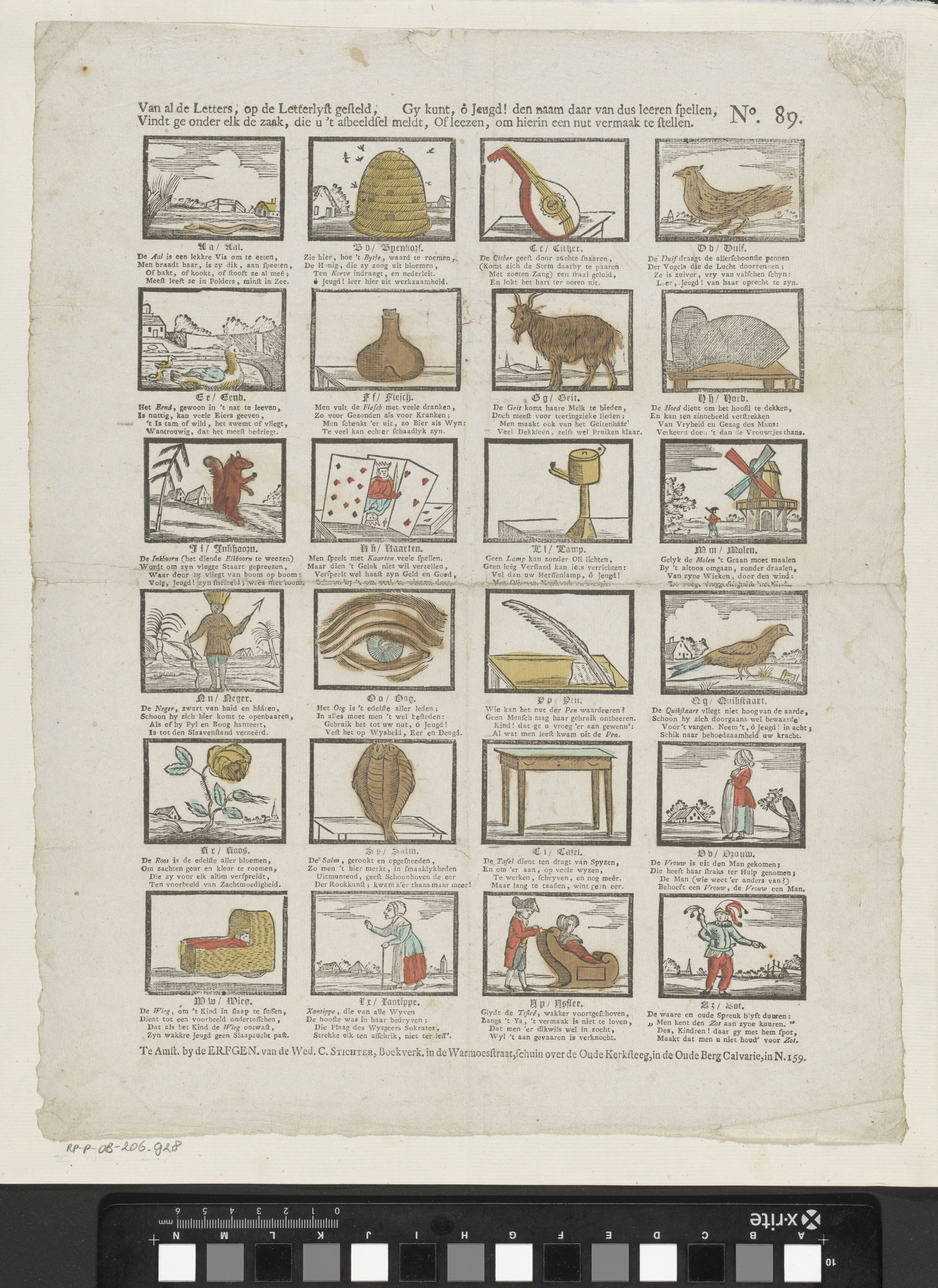 Van al de letters, op de letterlyst gesteld, / Vindt ge onder elk de zaal, die u 't afbeeldsel meldt, / Gy kunt, ô jeugd! dan naam daar van dus leeren spellen; / of leezen, om hierin een nut vermaak te stellen