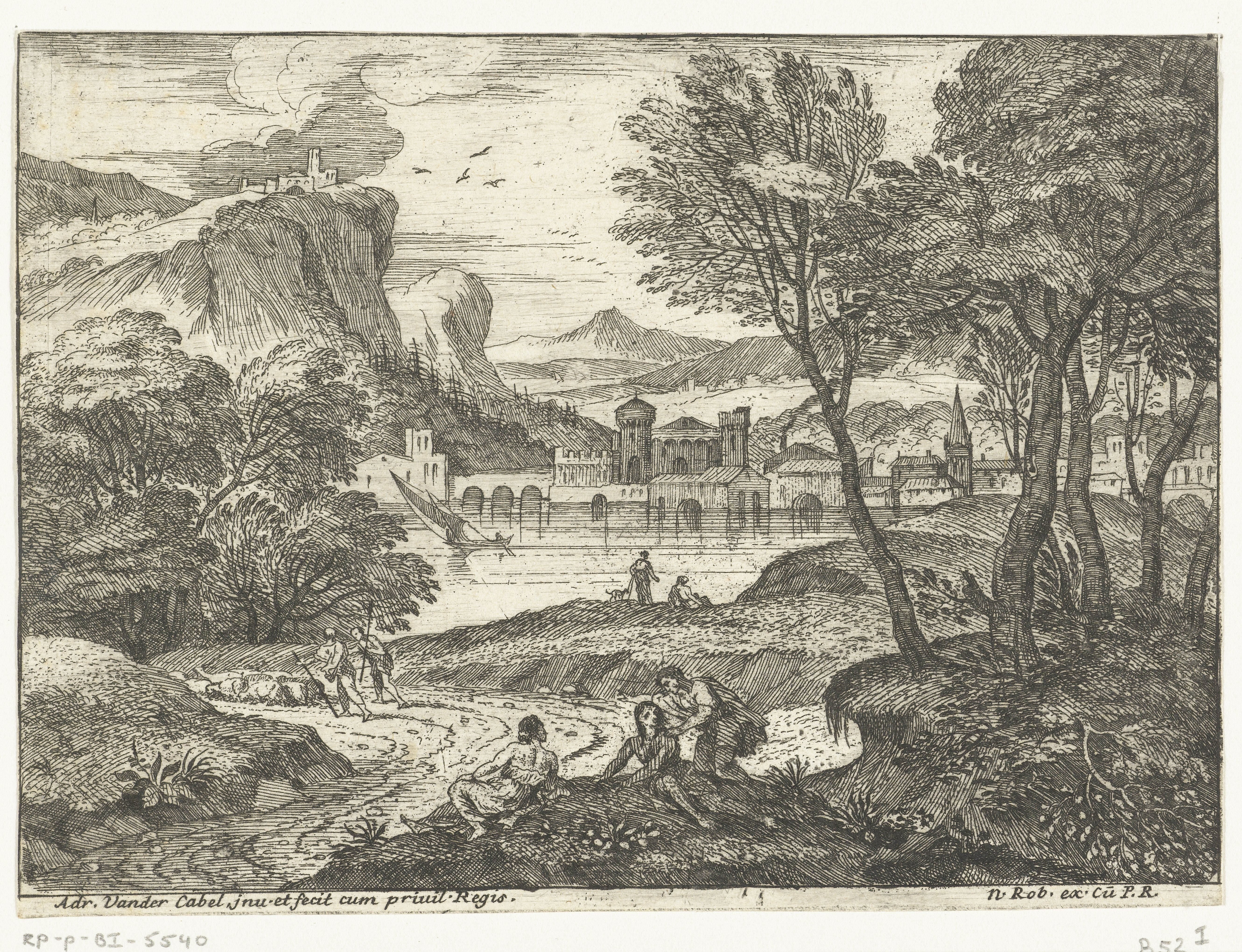 Landschap met drie personen langs pad