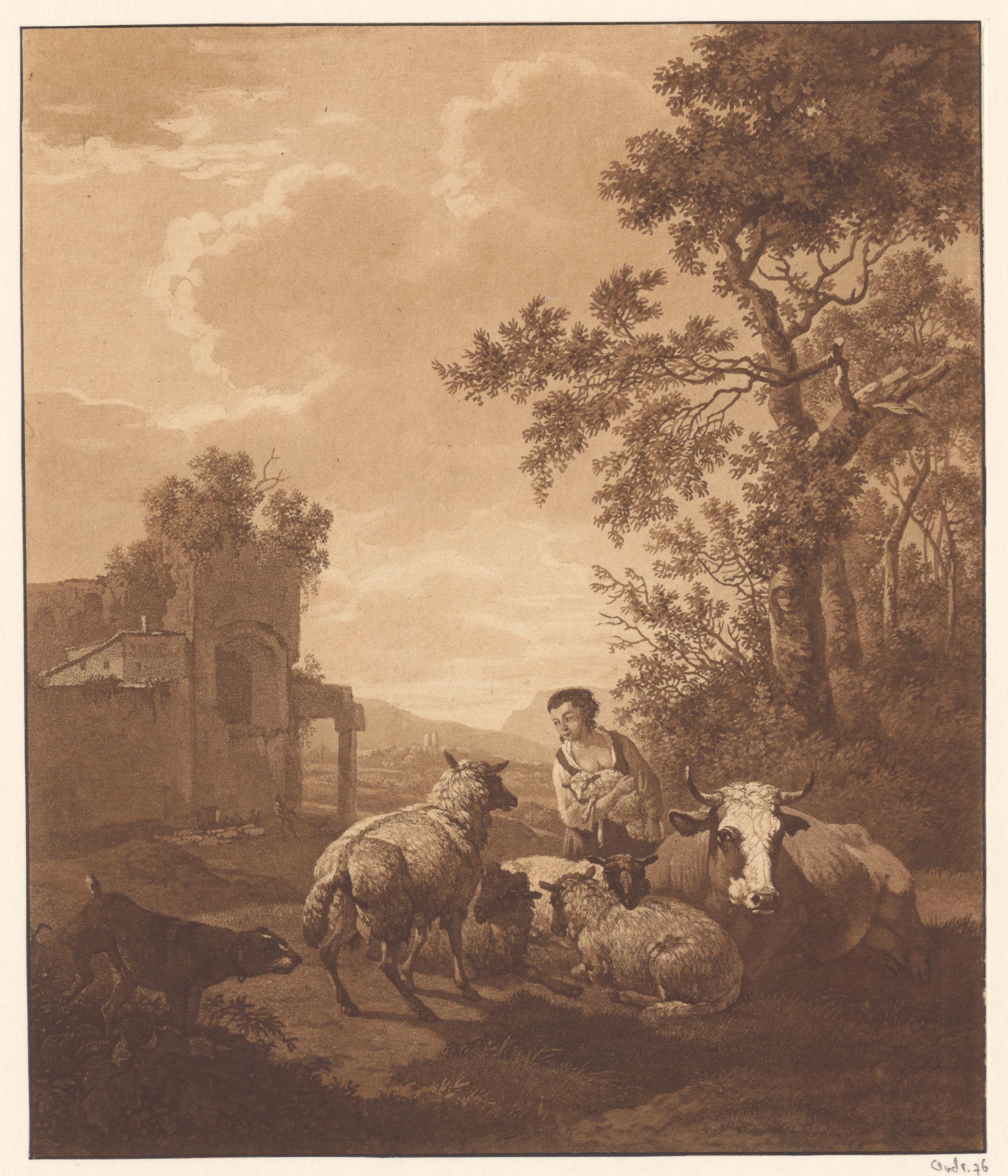 Landschap met herderin met een lam in haar armen