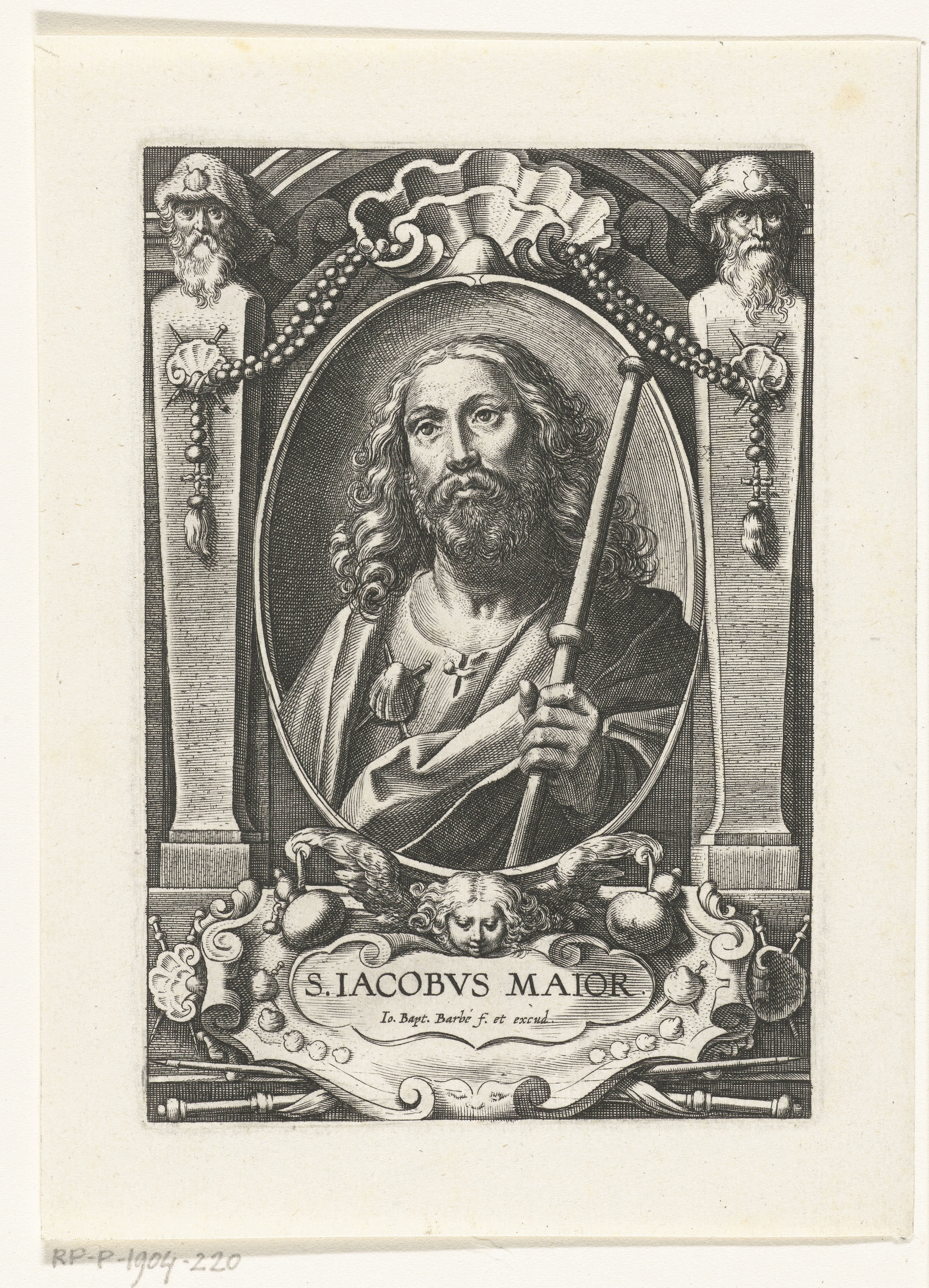 Apostel Jakobus de Meerdere (Jacobus Maior) met pelgrimsstaf in omlijsting met architectuur ornamenten