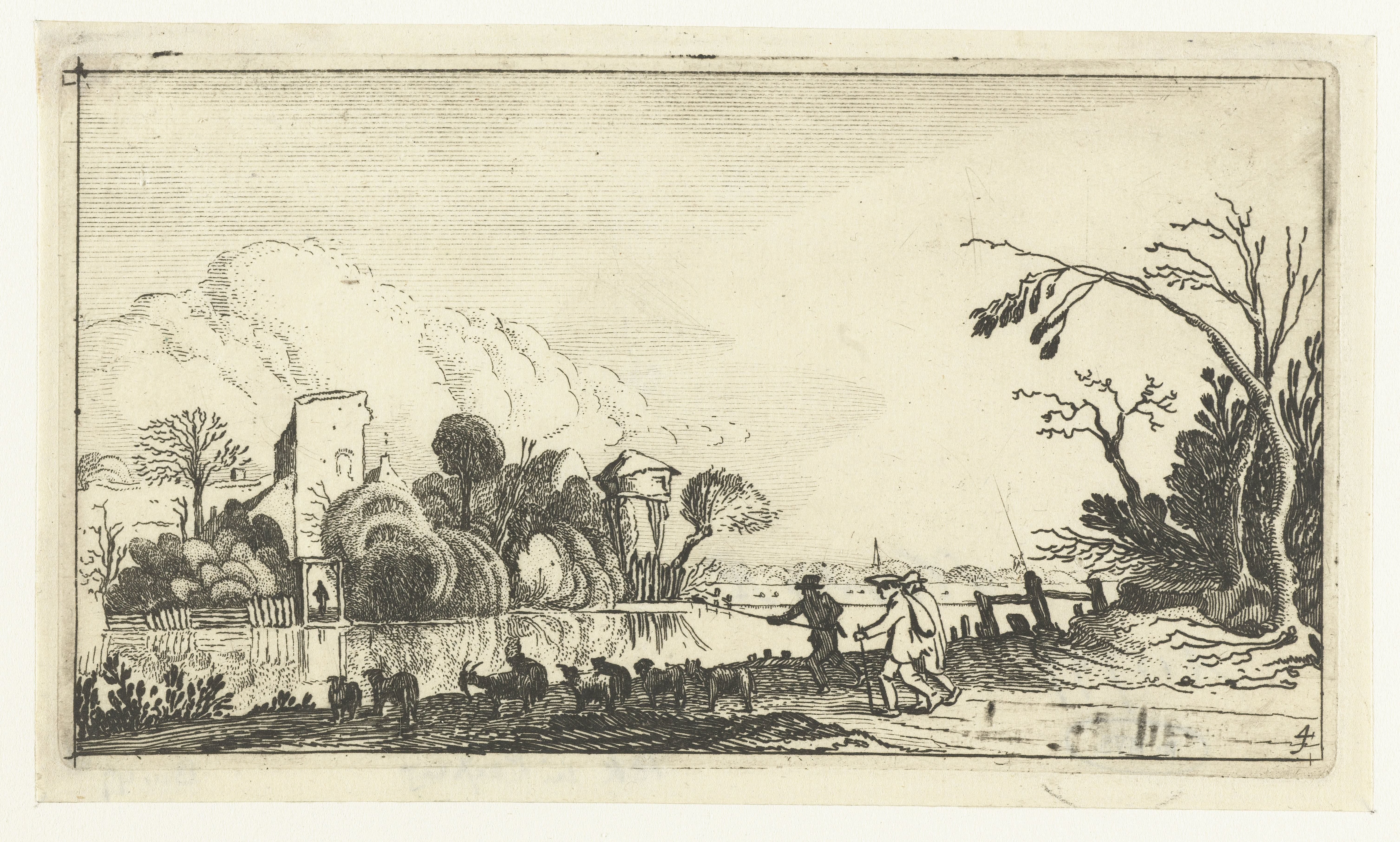 Herder met geiten en schapen bij een rivier