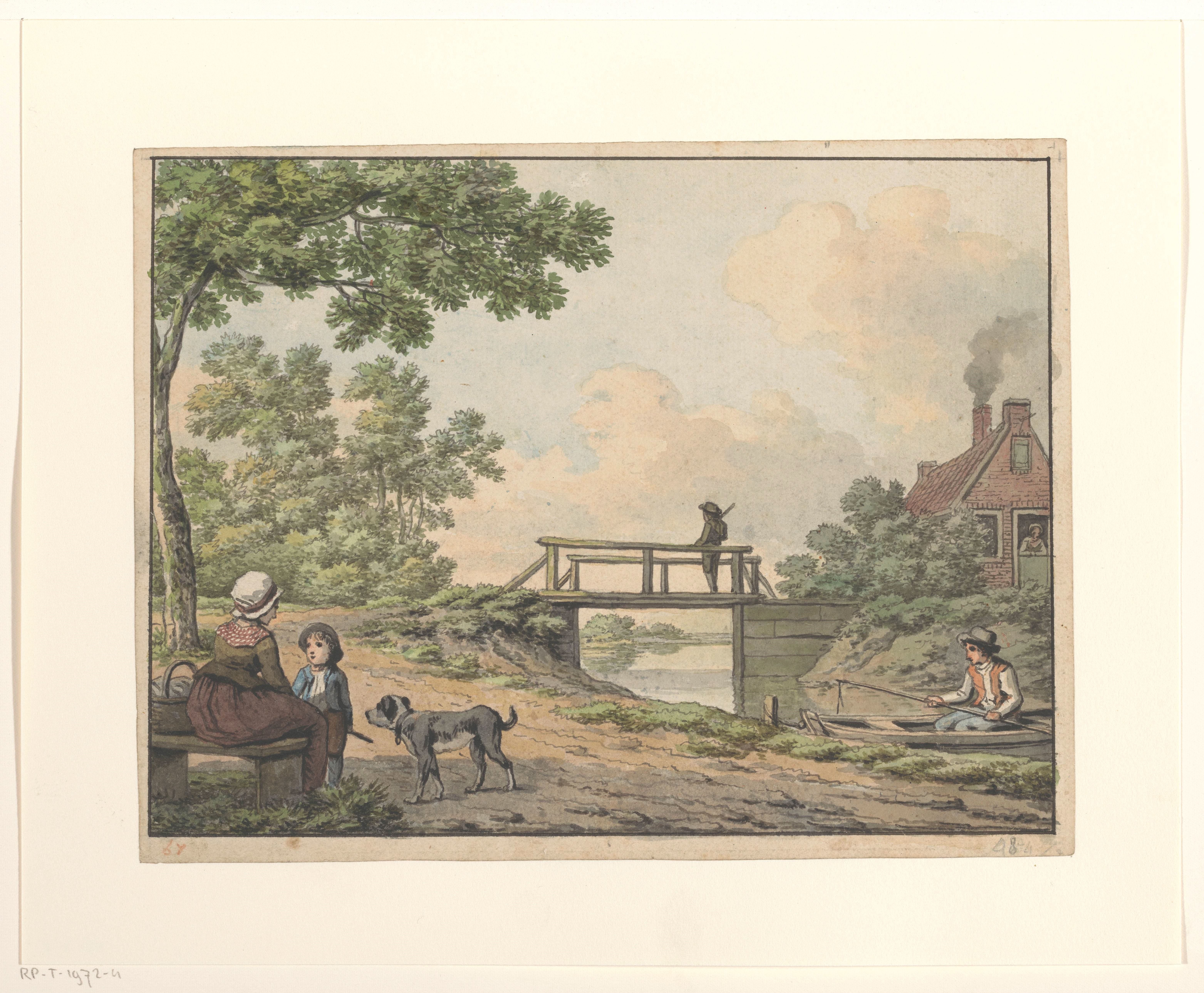 Landschap met figuren en een bruggetje bij een boerenwoning