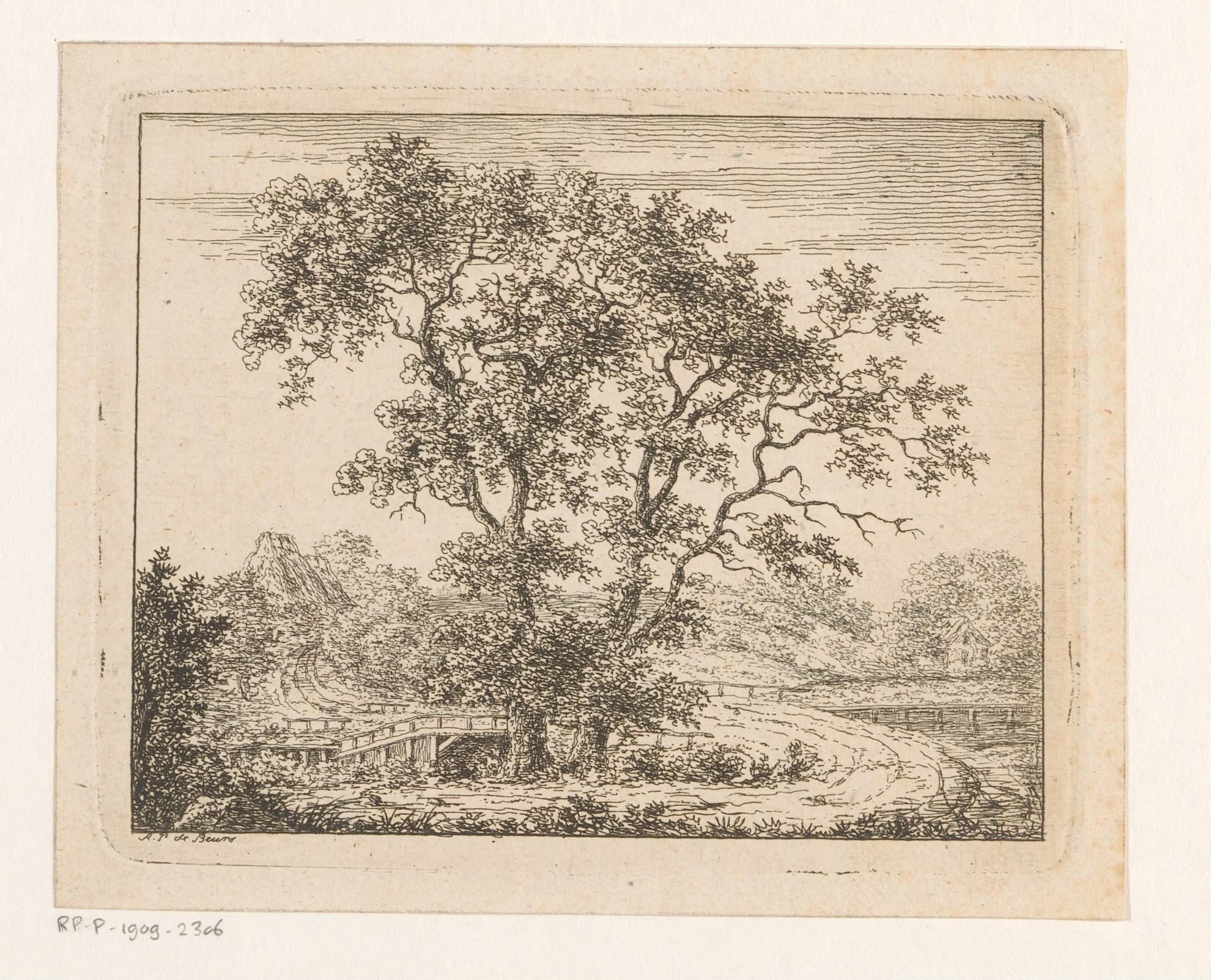 Landschap met een weg die zich om twee bomen buigt