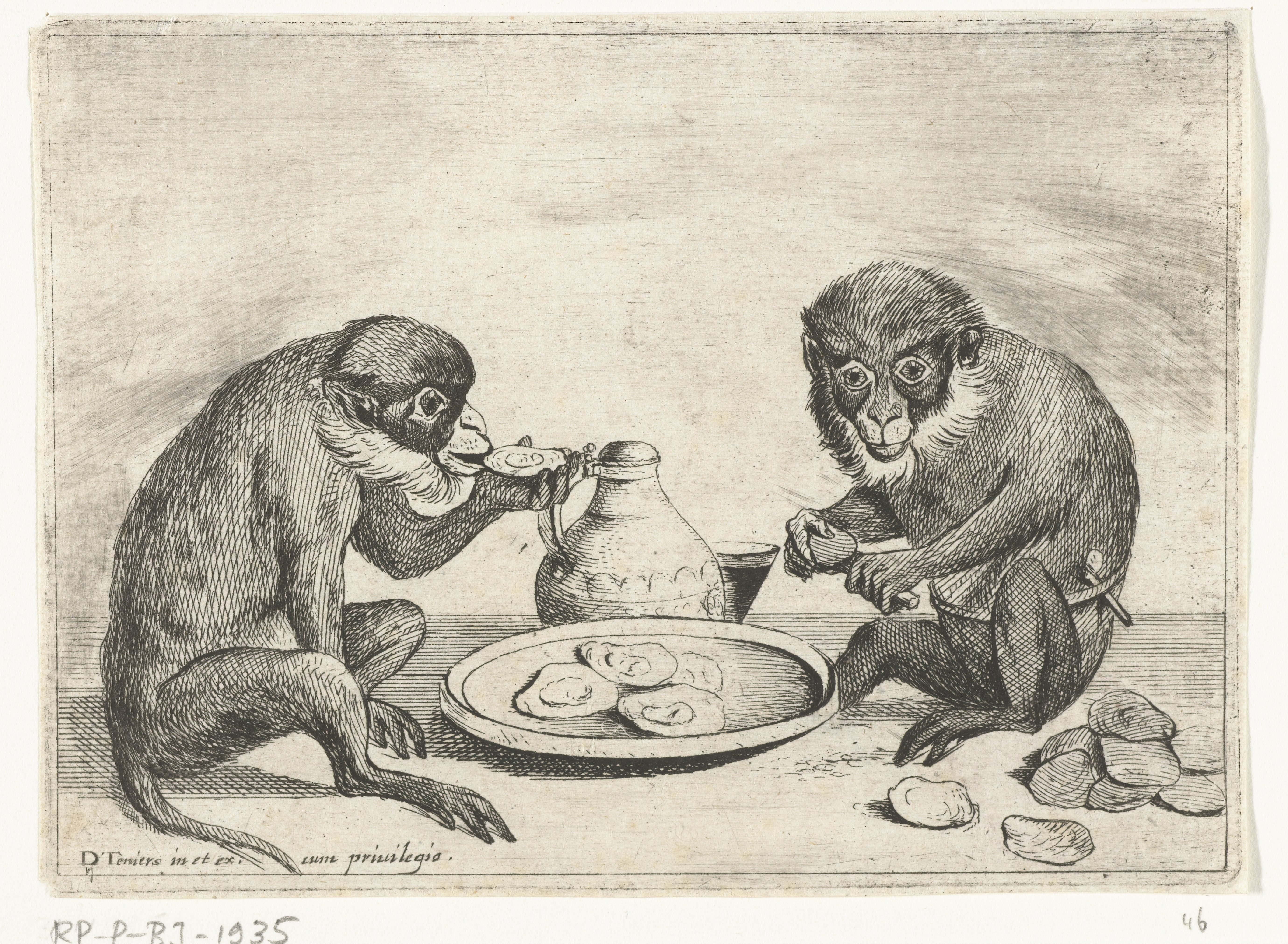 Twee apen eten oesters