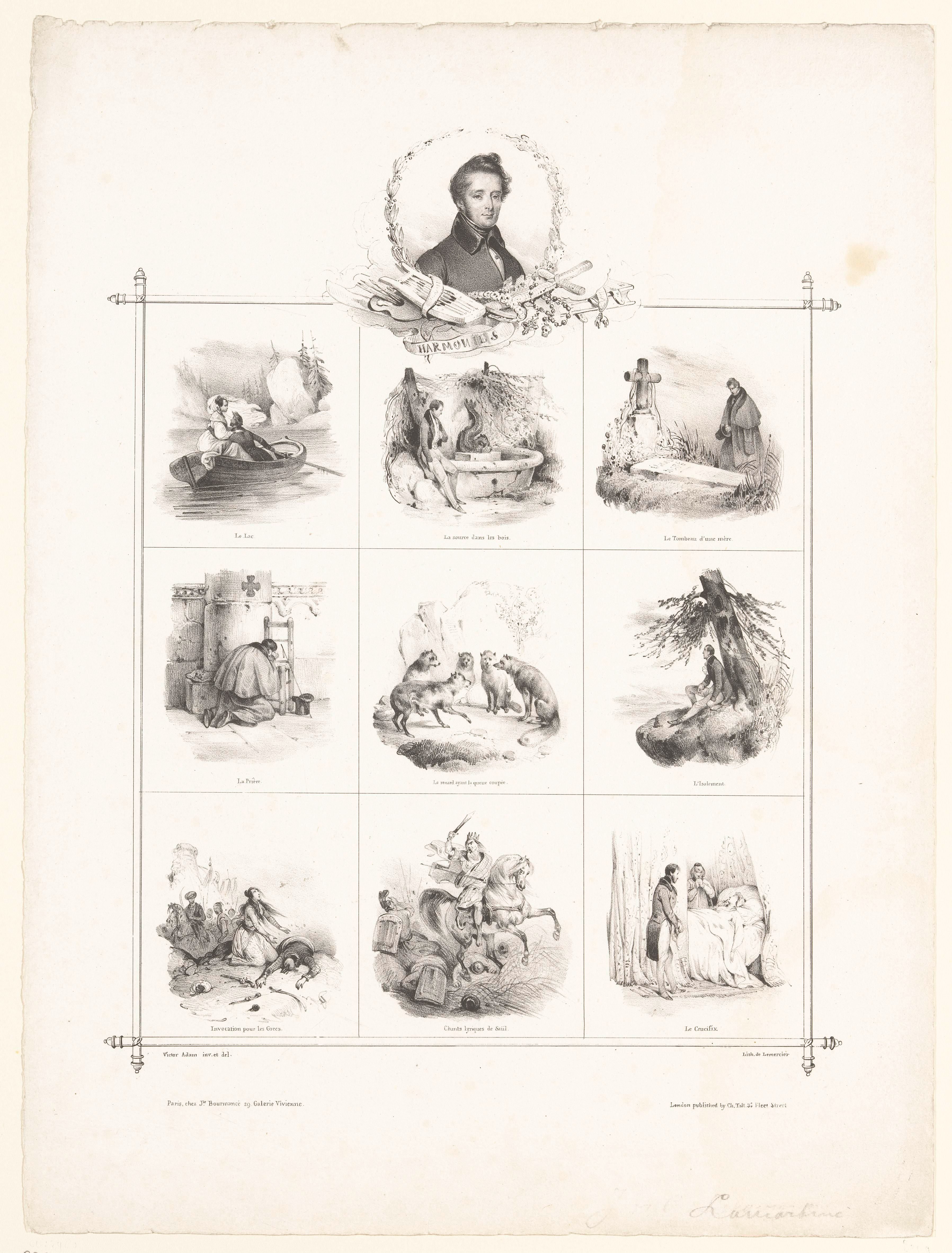 Portret van Alphonse de Lamartine en negen voorstellingen uit zijn 'Harmonies poétiques et religieuses'