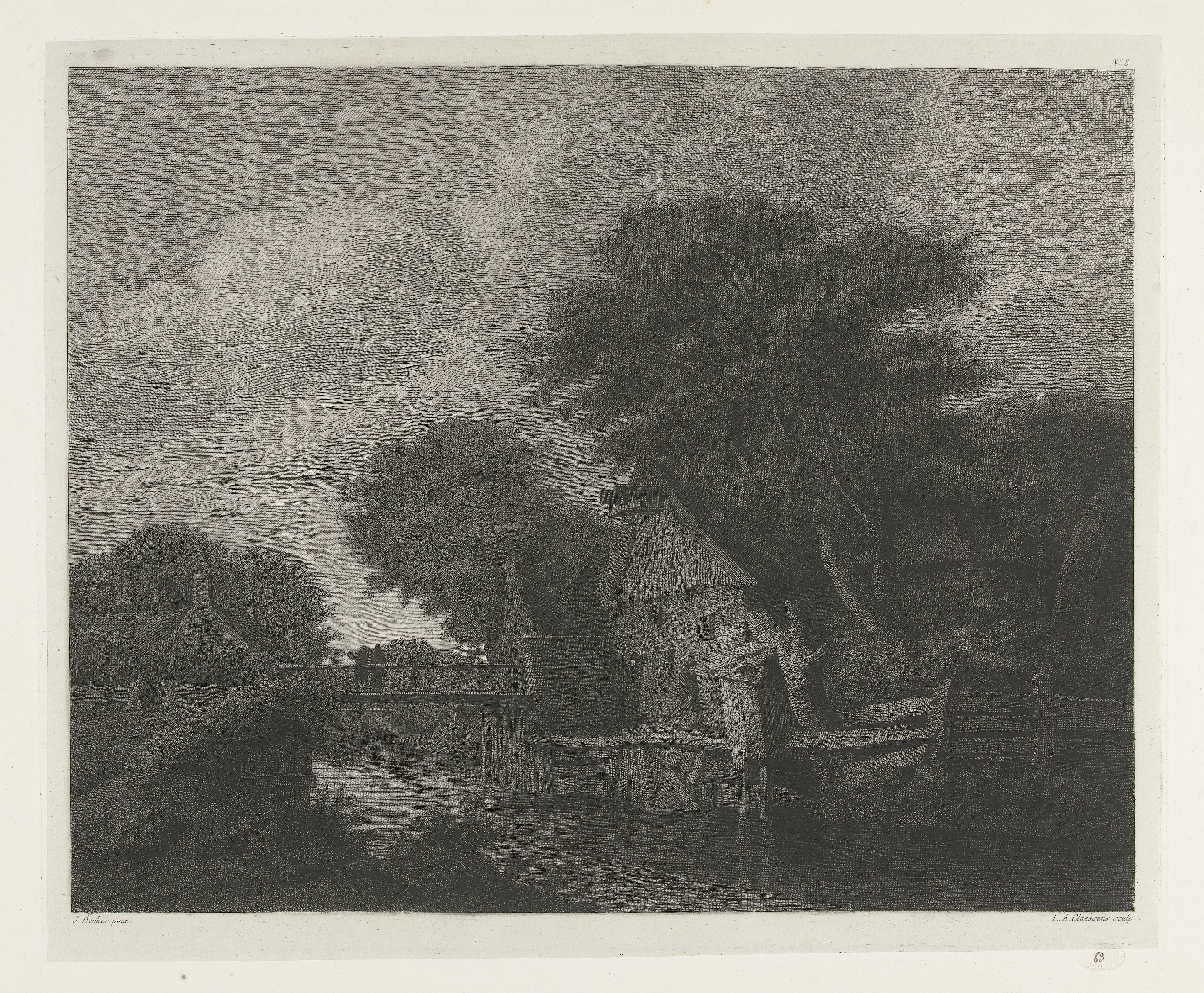 Dorpsgezicht met houten huizen bij een rivier