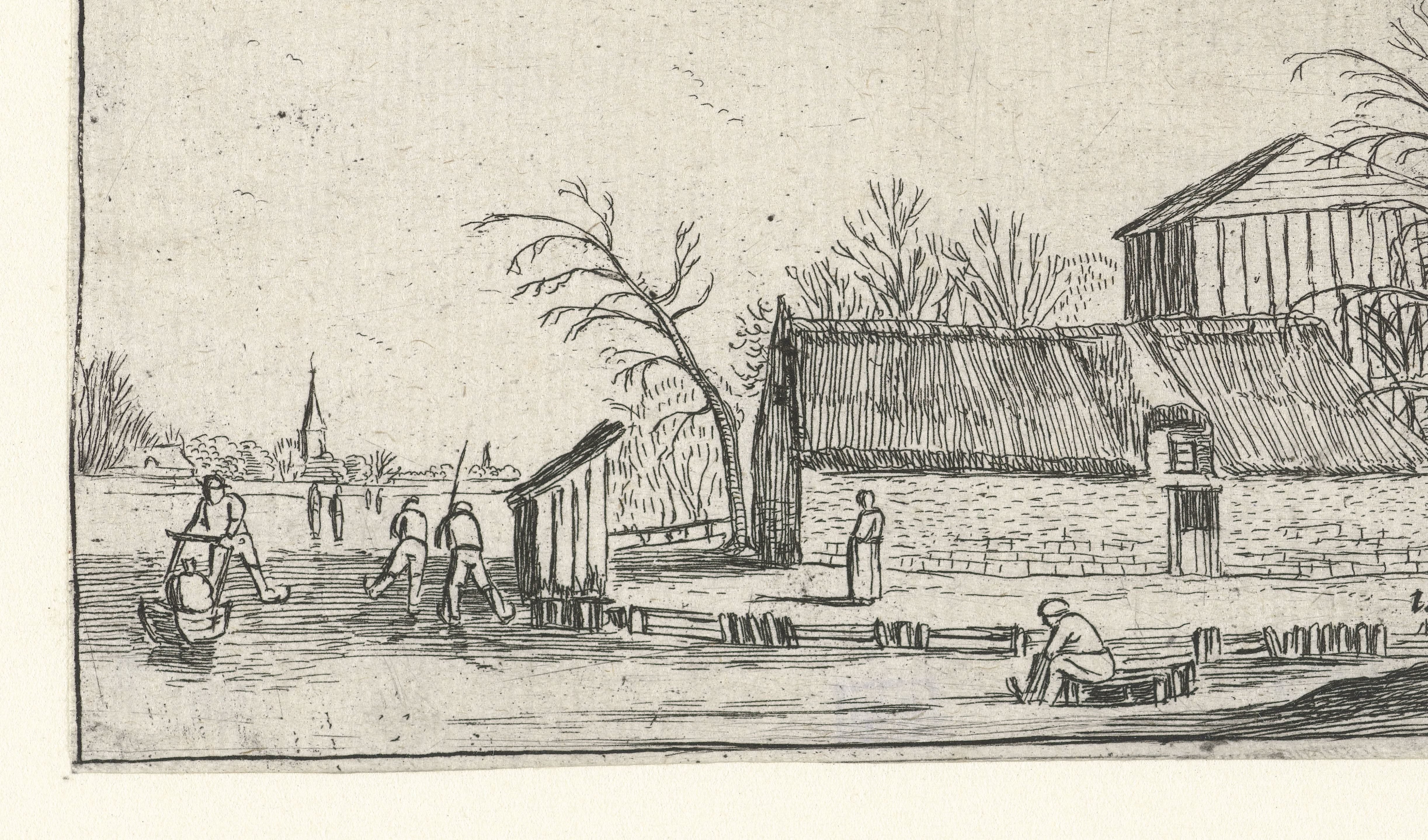 Bevroren rivier met schaatsers bij een boerderij