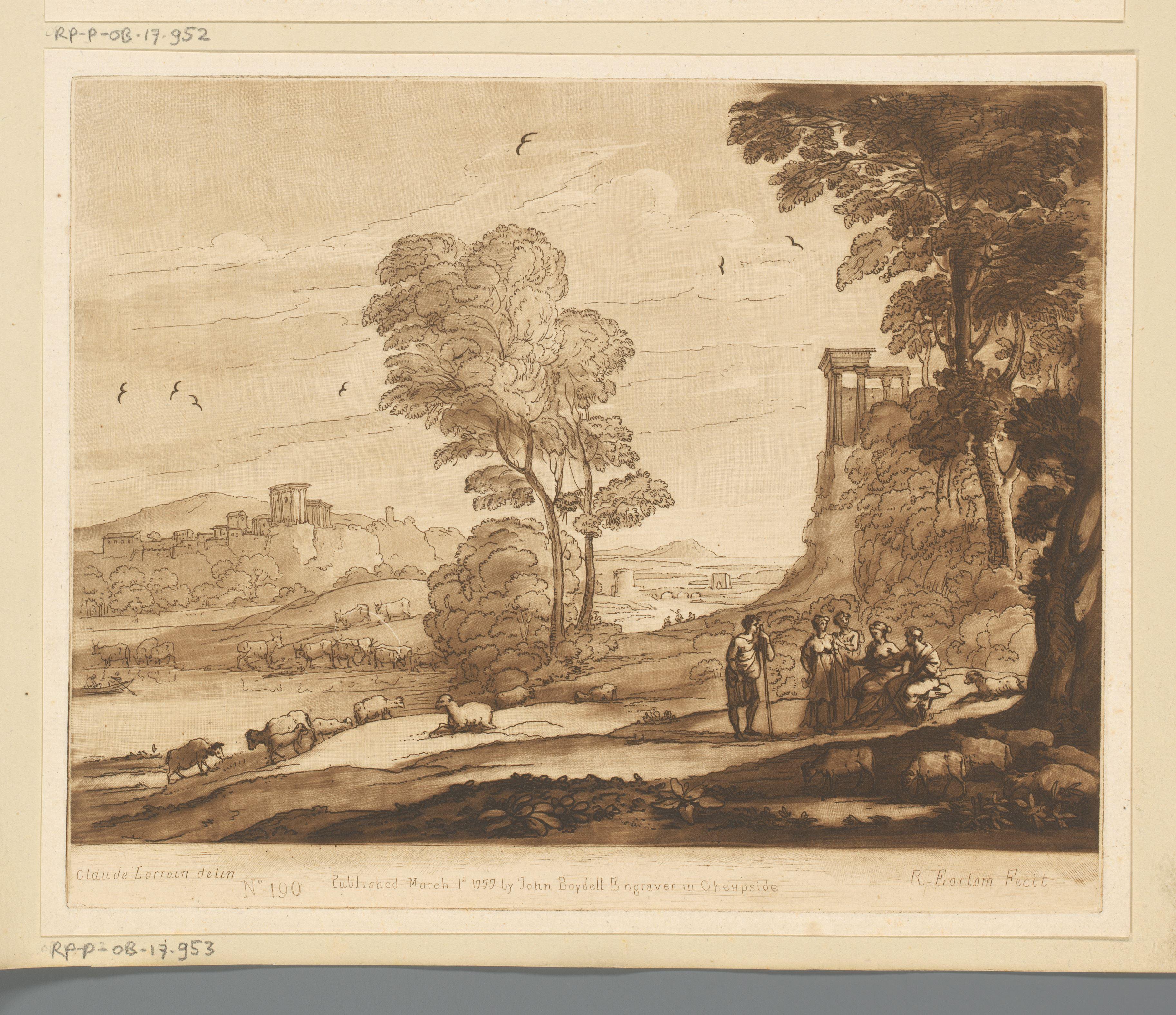 Landschap met vijf pratende herders, schapen en ruïnes