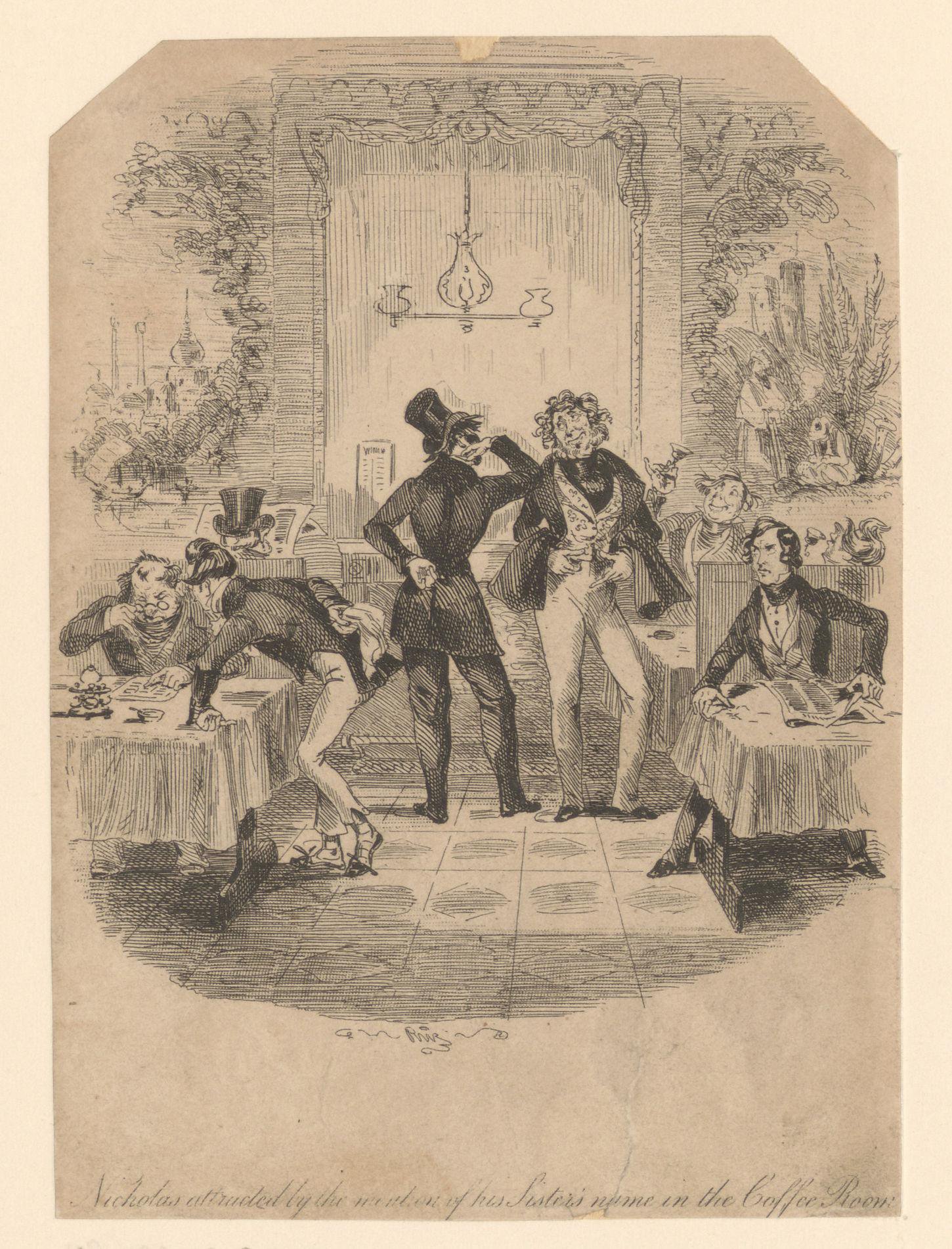 Nicholas Nickleby hoort Sir Mulberry Hawk praten over zijn zus in een koffiehuis
