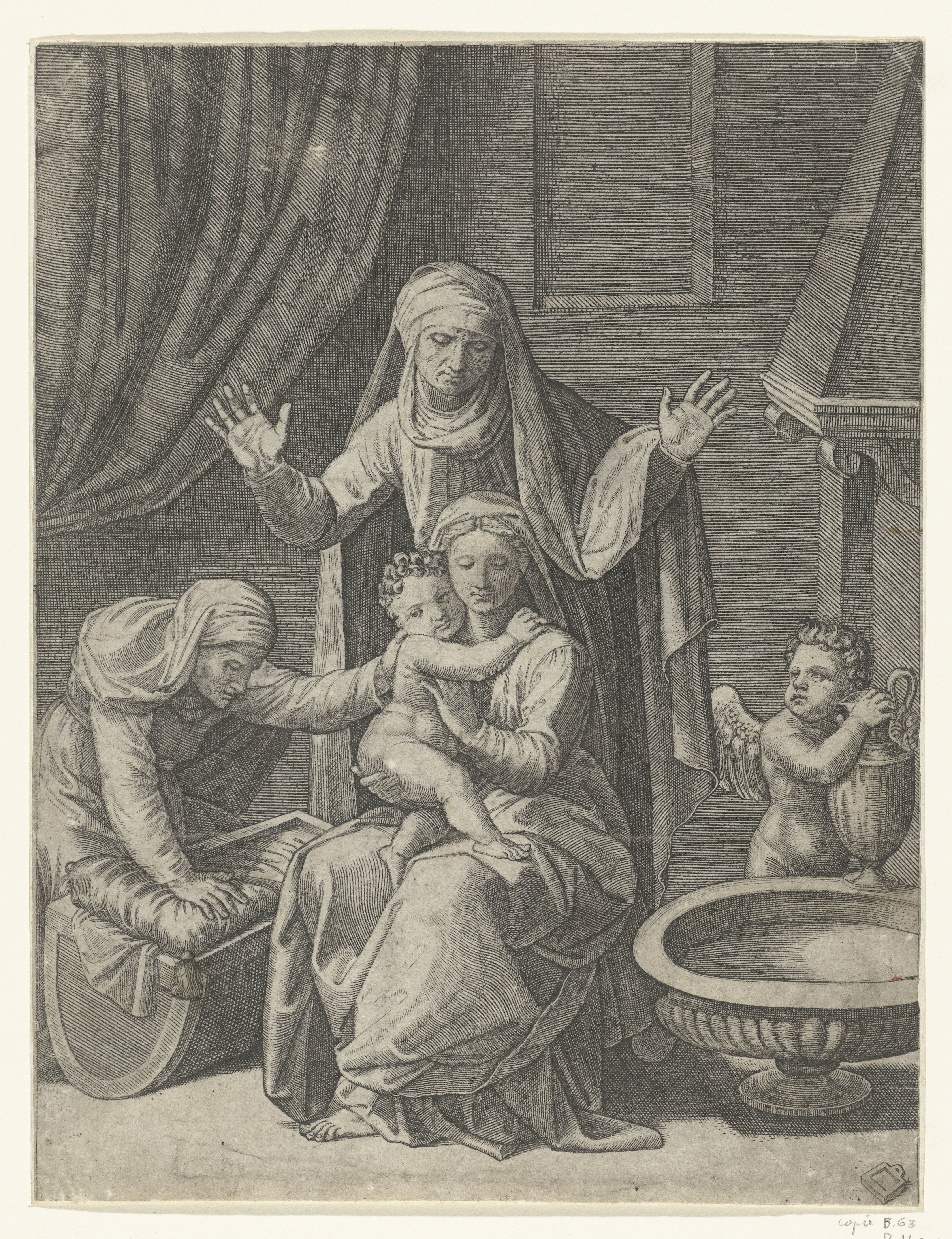 Maria met kind en heiligen Anna en Elisabet bij wieg en engel met waterkan bij schaal met water