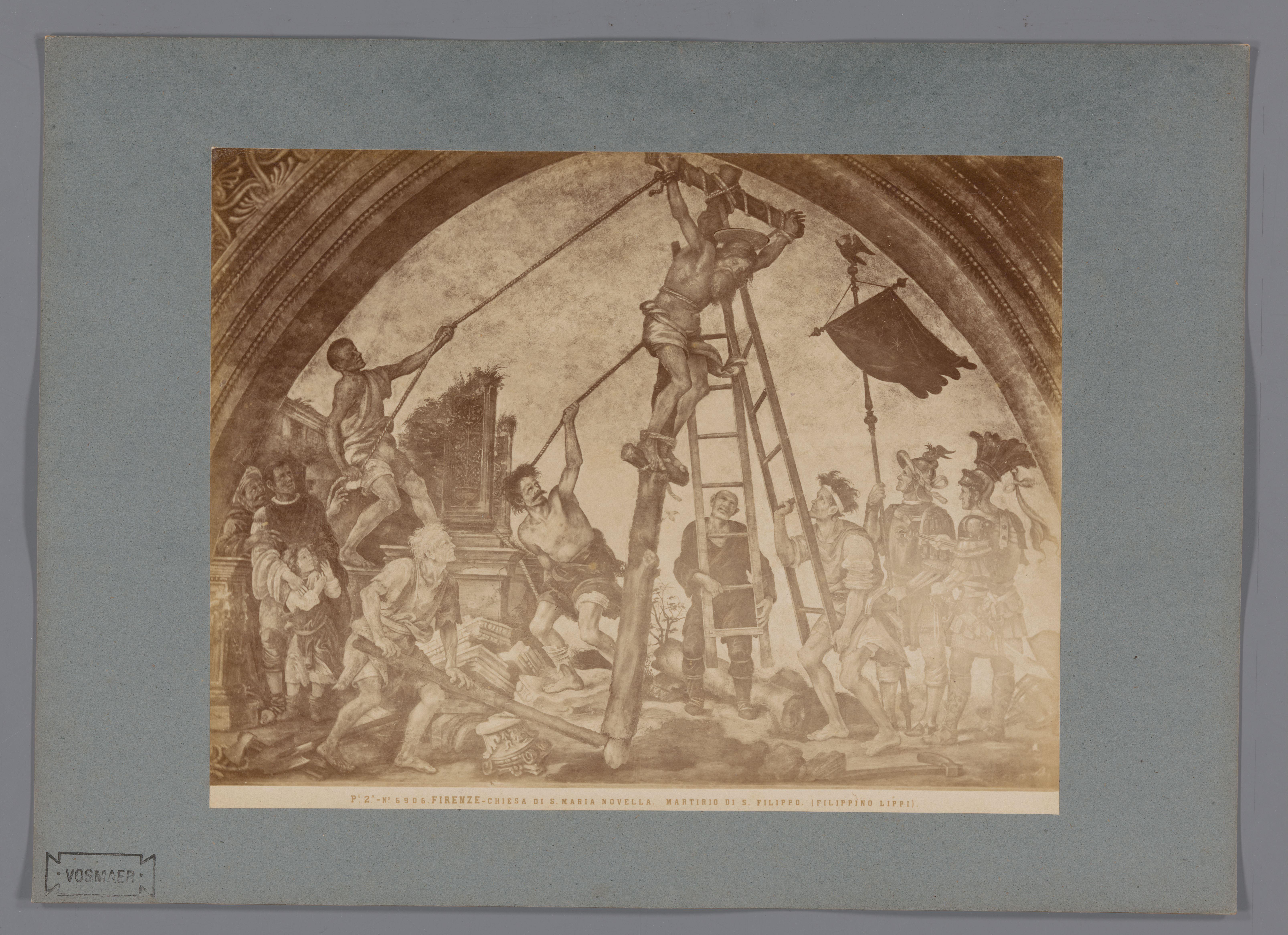 Fotoreproductie van het fresco Martelaarschap van Sint Filippo naar Filippino Lippi in de Santa Maria Novella te Florence, Italië