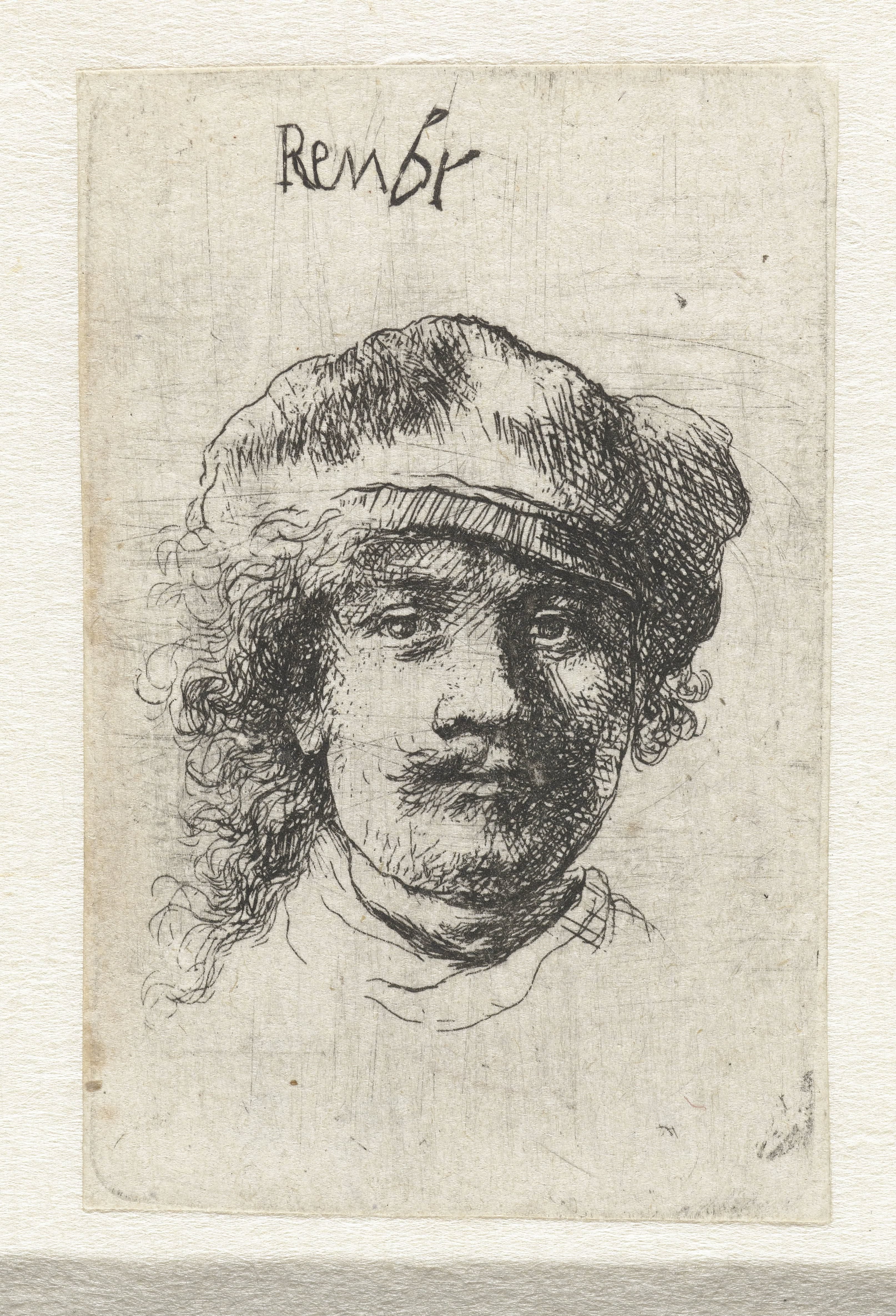 Self-portrait wearing a soft cap: full face, head only