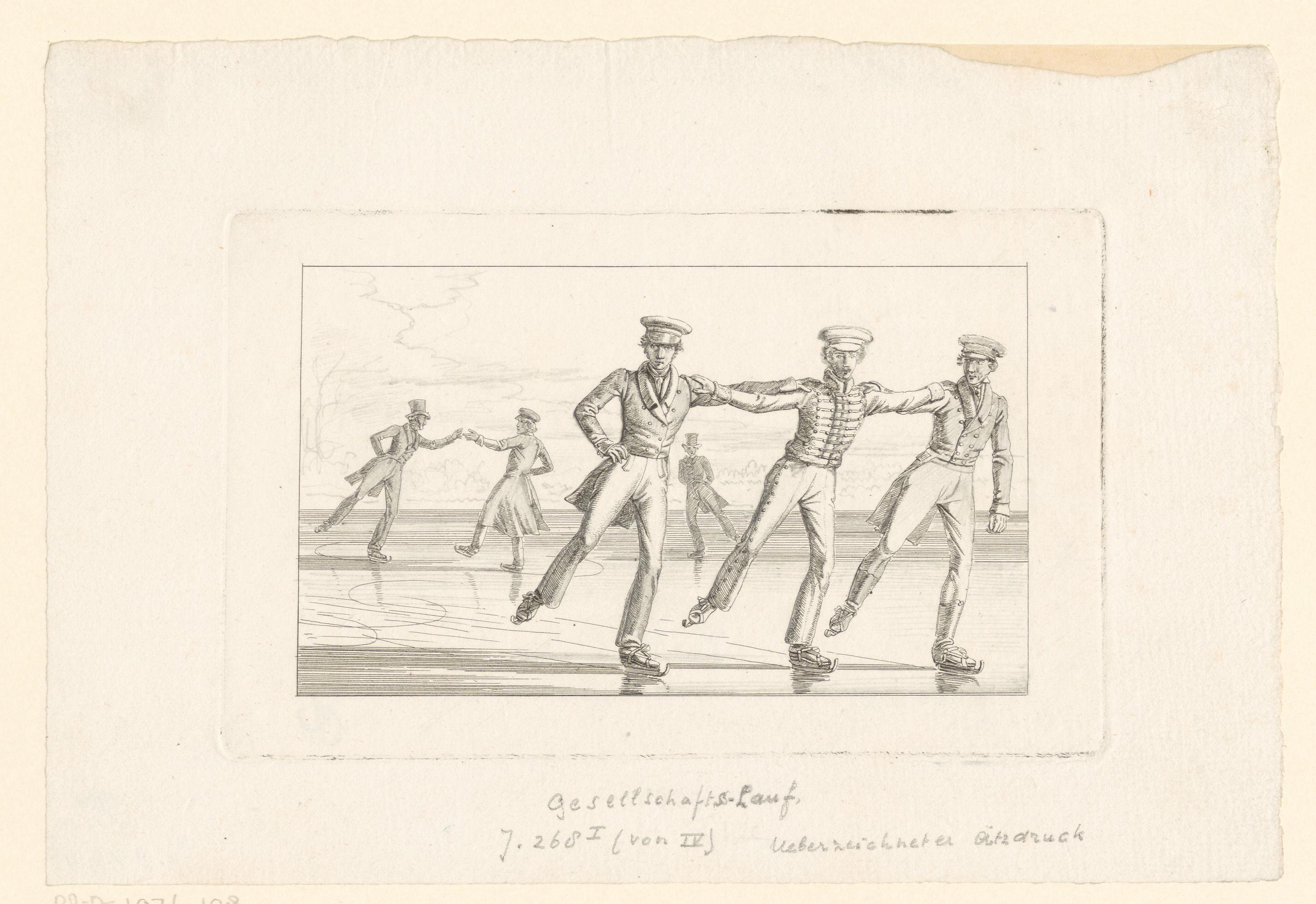 Vijf mannen schaatsen met elkaar