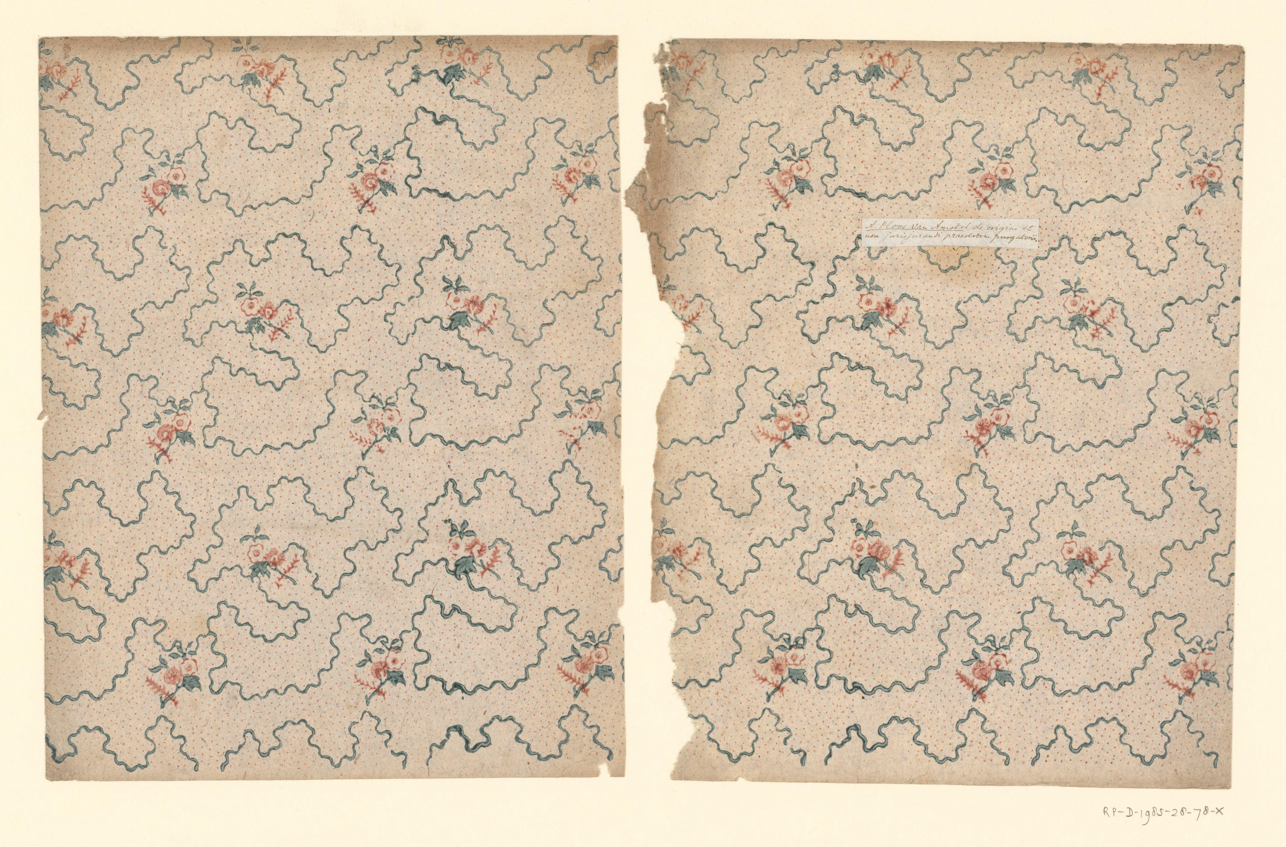 Twee bladen met strooipatroon van bloem op een puntenfond in rood met kronkelende lijnen