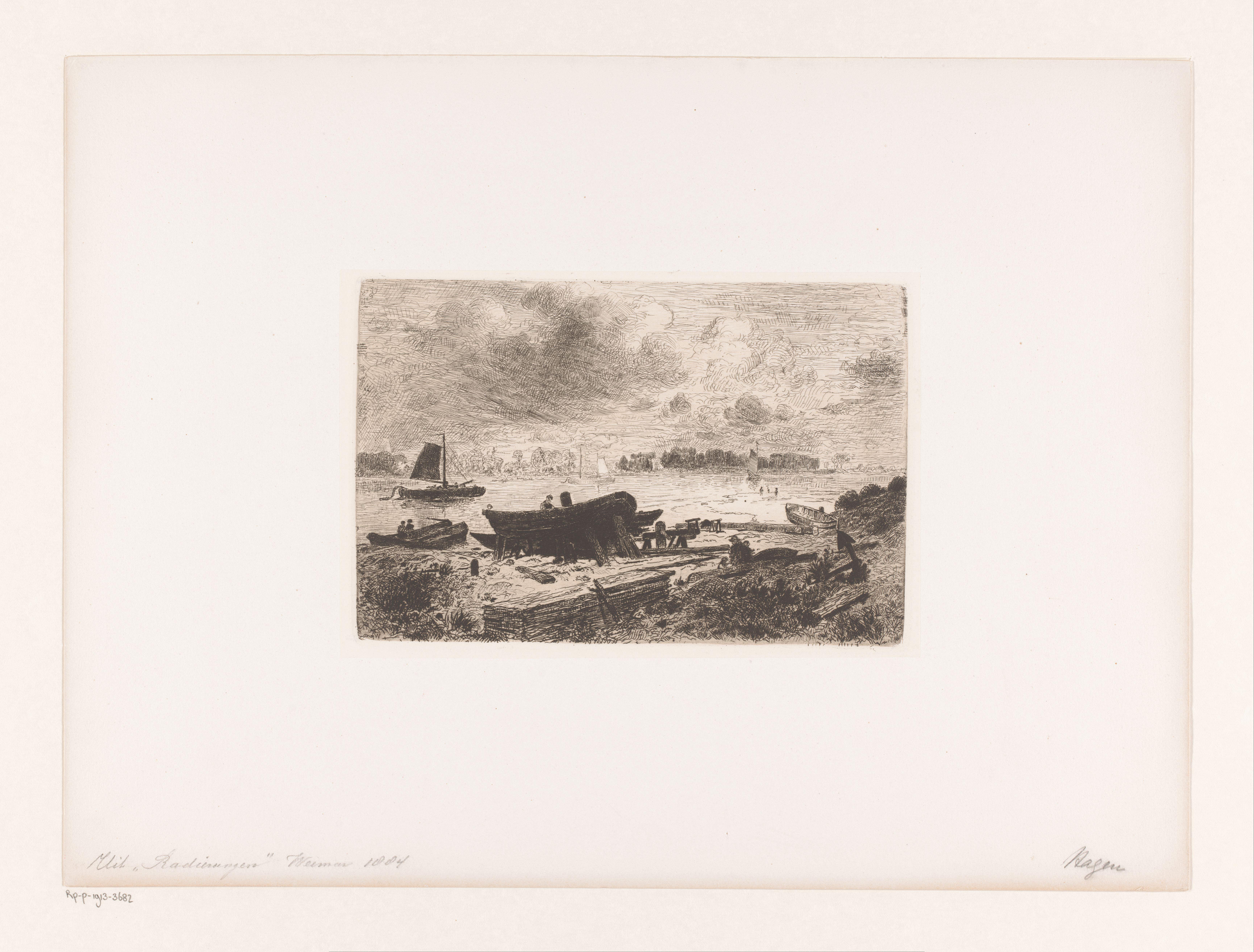 Rivierlandschap met scheepswerf