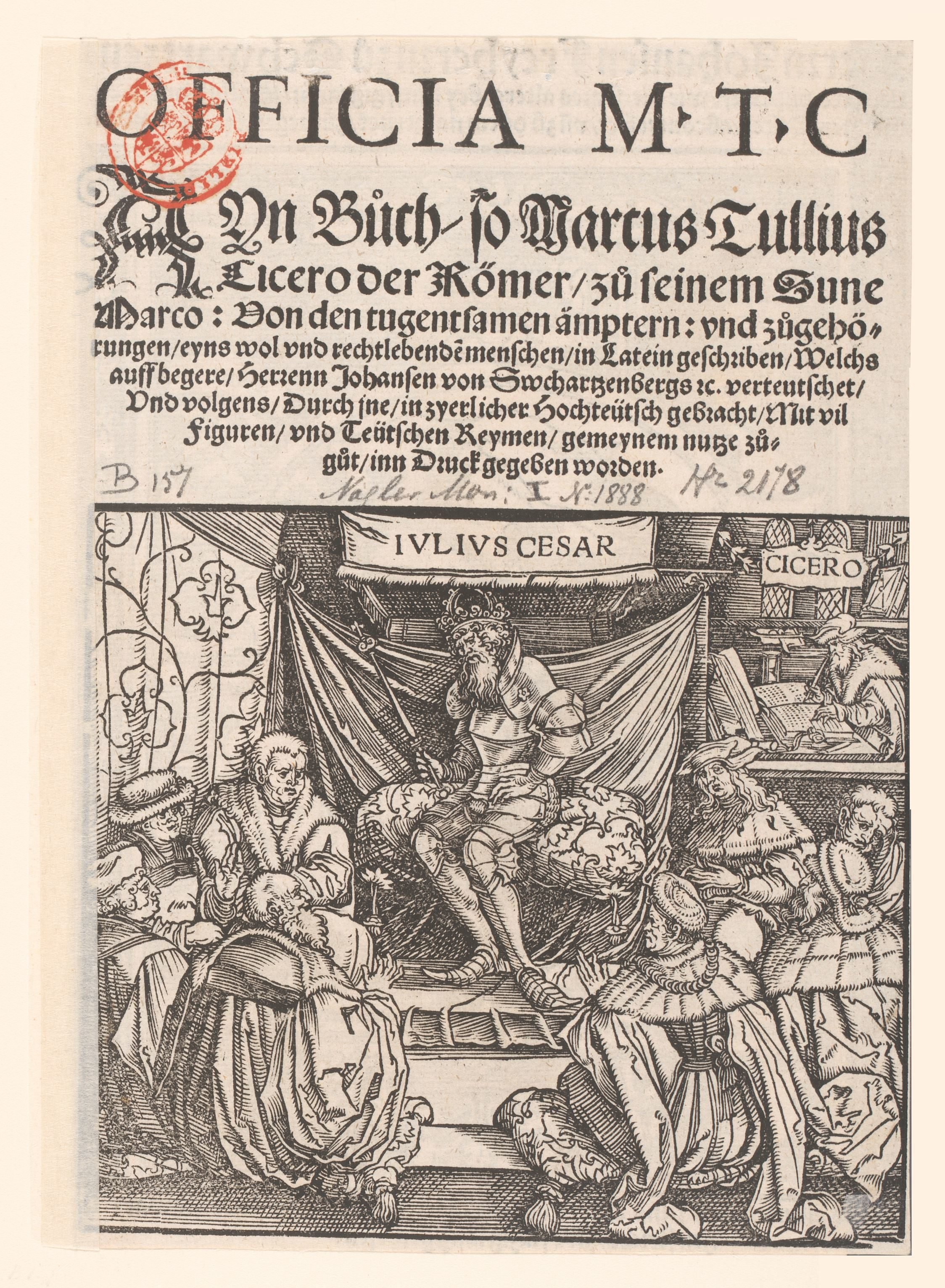 Julius Caesar in een raadsvergadering, op de achtergrond Cicero schrijvend