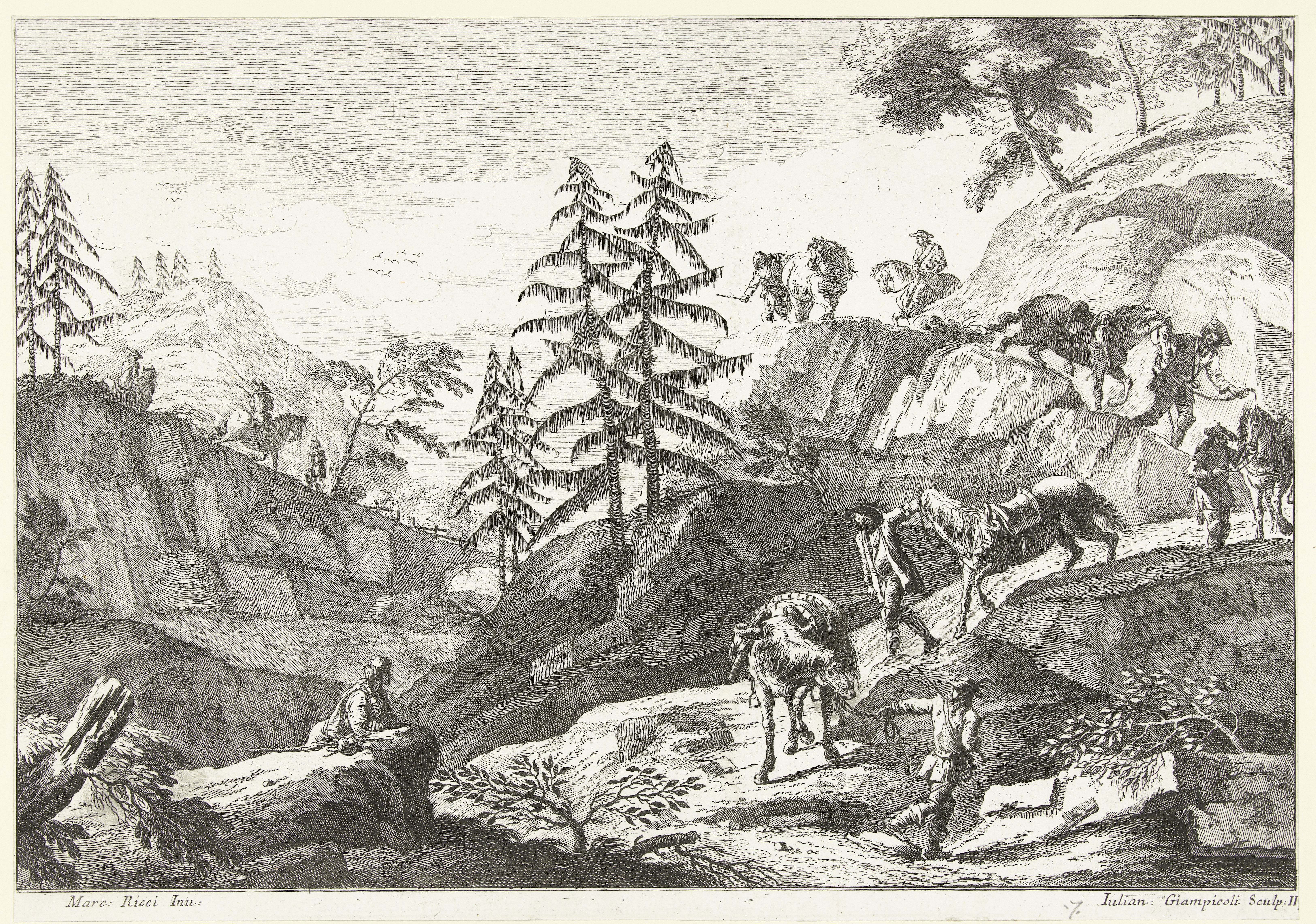 Berglandschap met ruiters die paarden bergaf leiden op pad