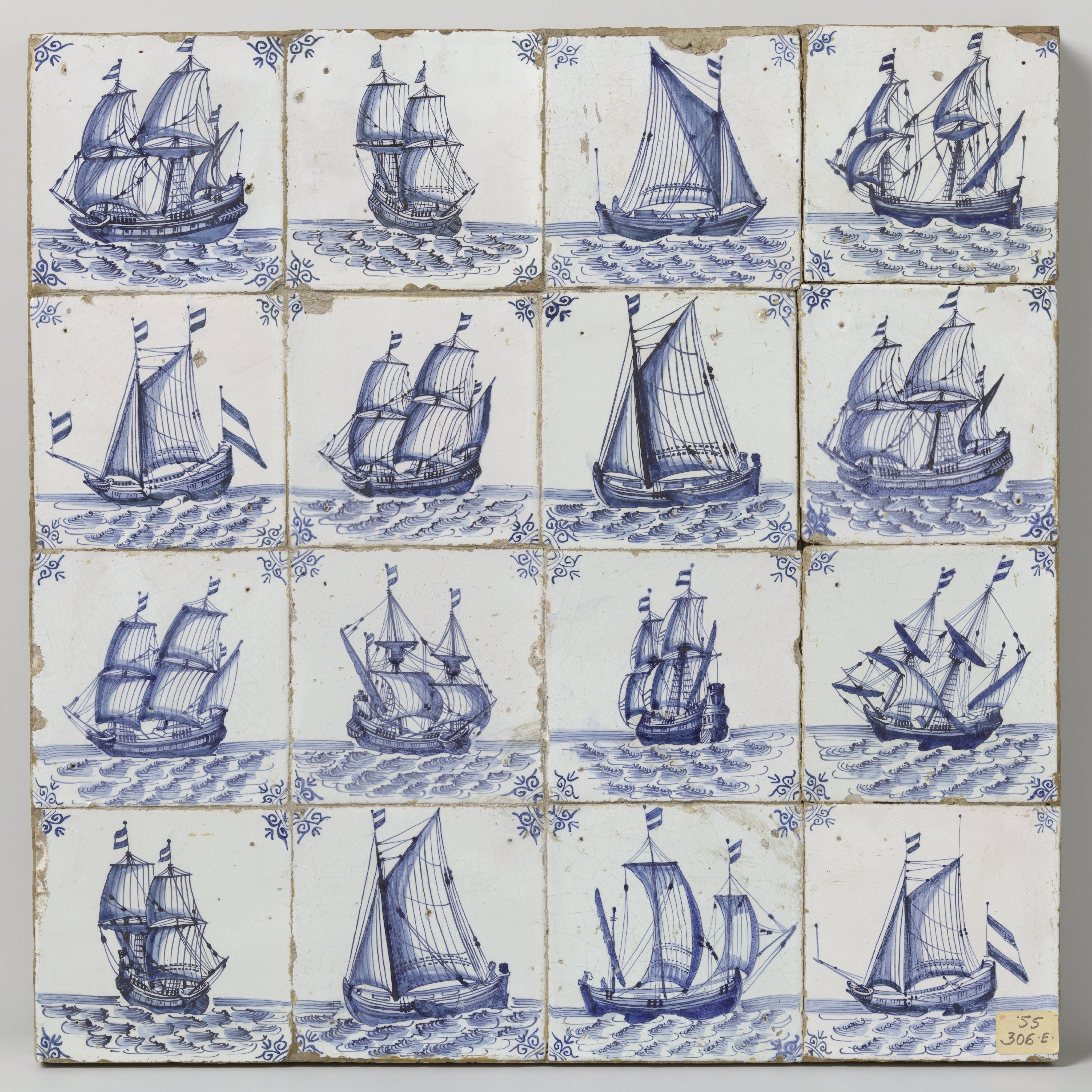 Veld van zestien tegels met schepen