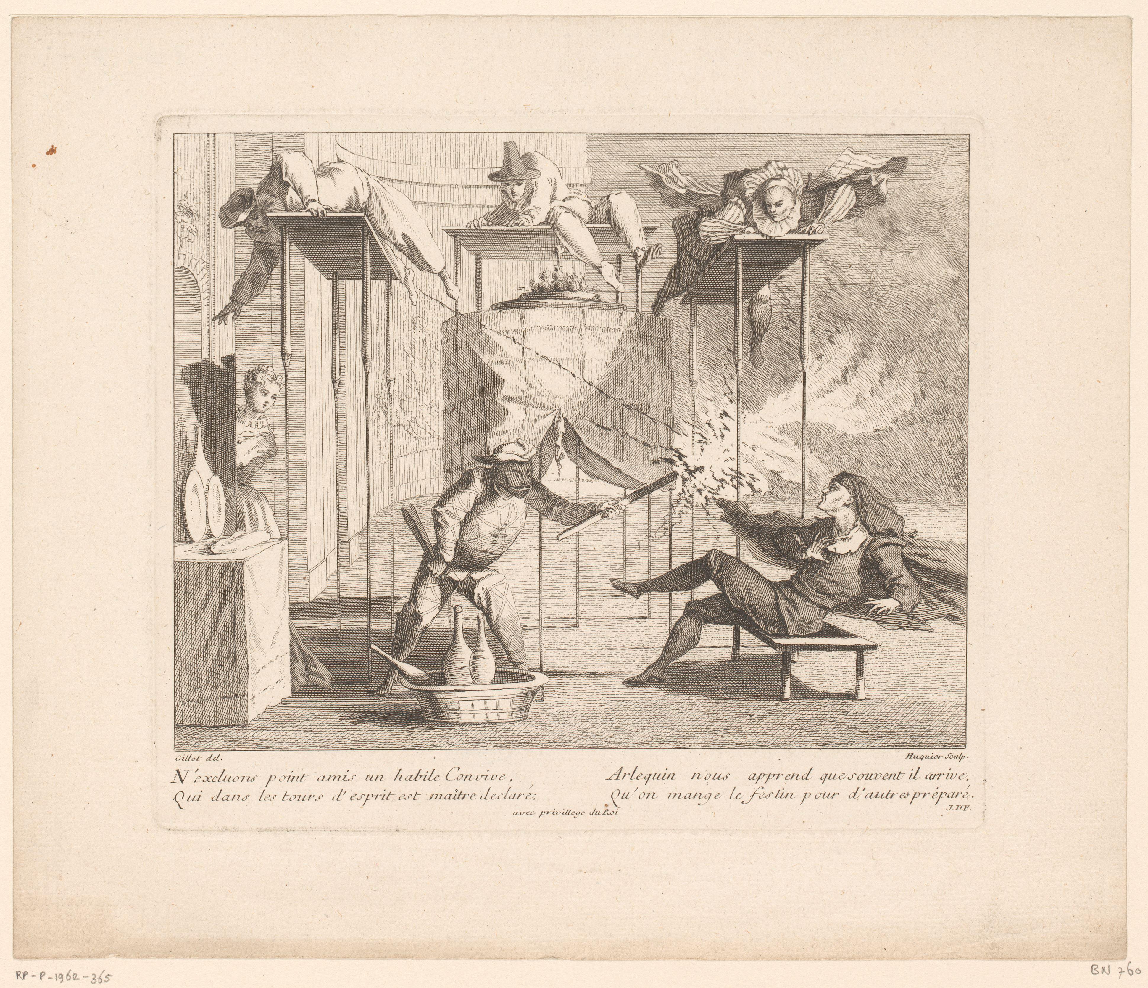 Scène uit de Commedia dell'arte met Harlekijn, Pierrot, Pulcinello en Mezzetino
