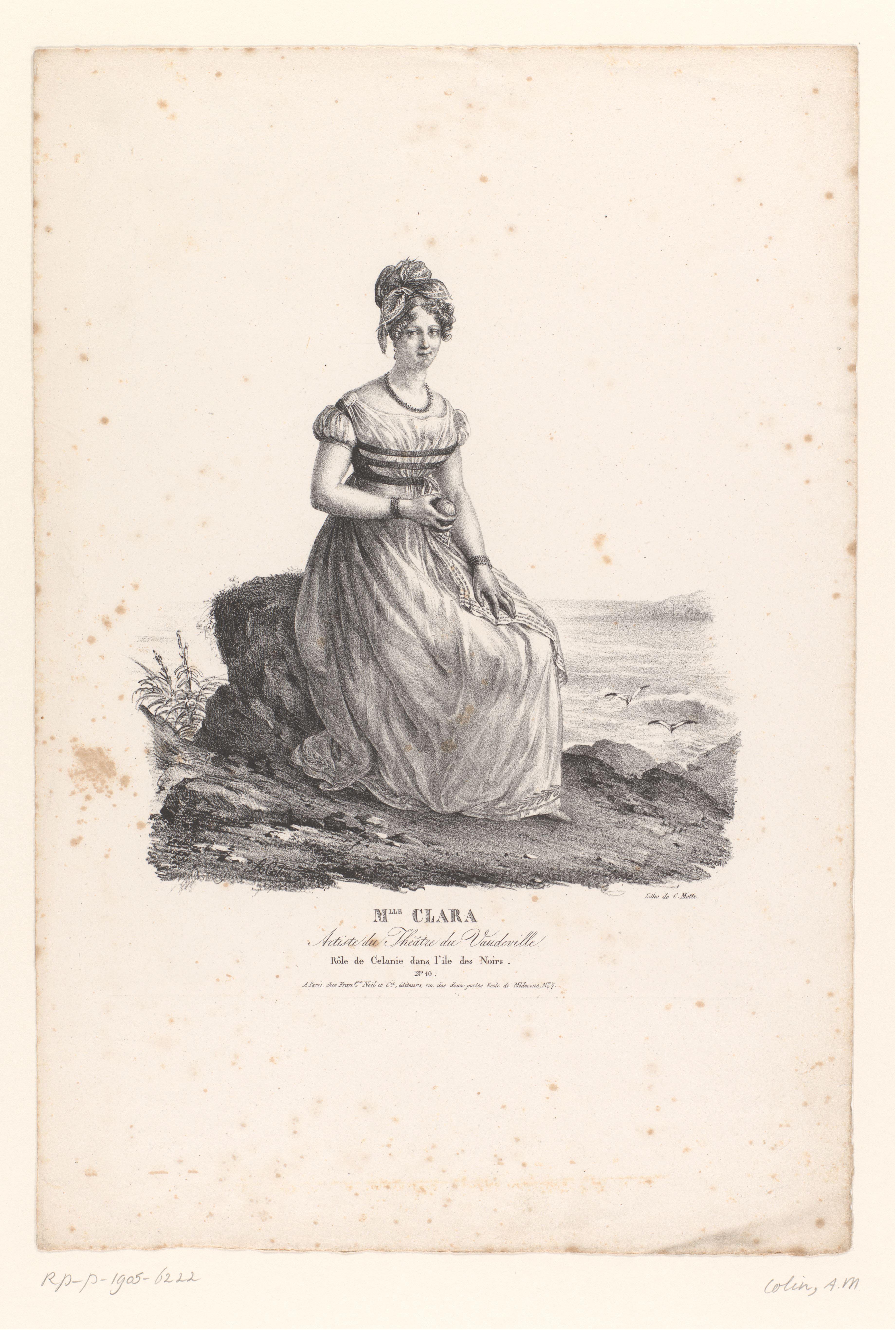 Portret van mademoiselle Clara-Stéphany als Célanie in de vaudeville L'Île des Noirs