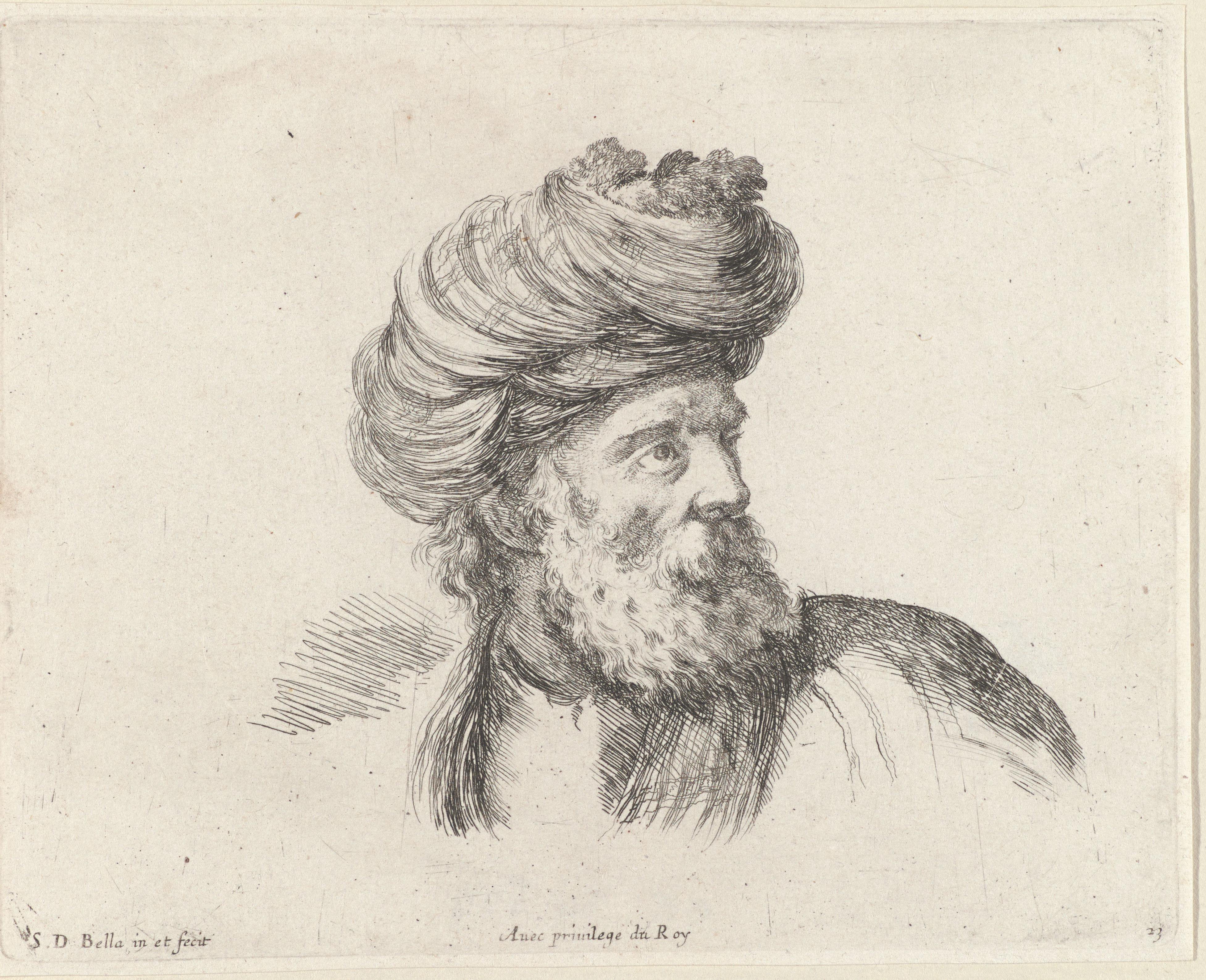 Hoofd van een Turkse man met baard en tulband, naar rechts gewend