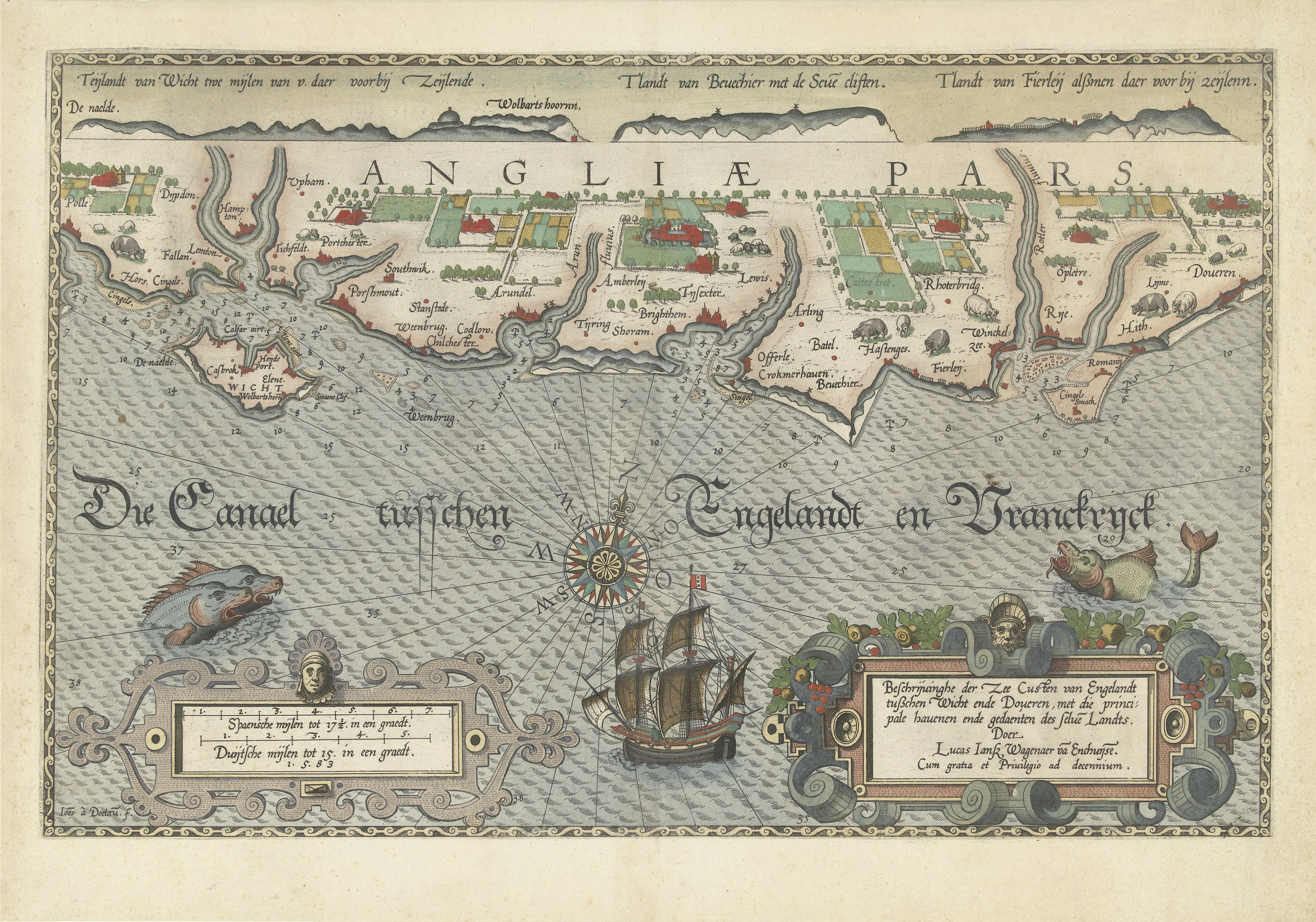Kaart van de Zuidengelse kust tussen de Isle of Wight en Dover