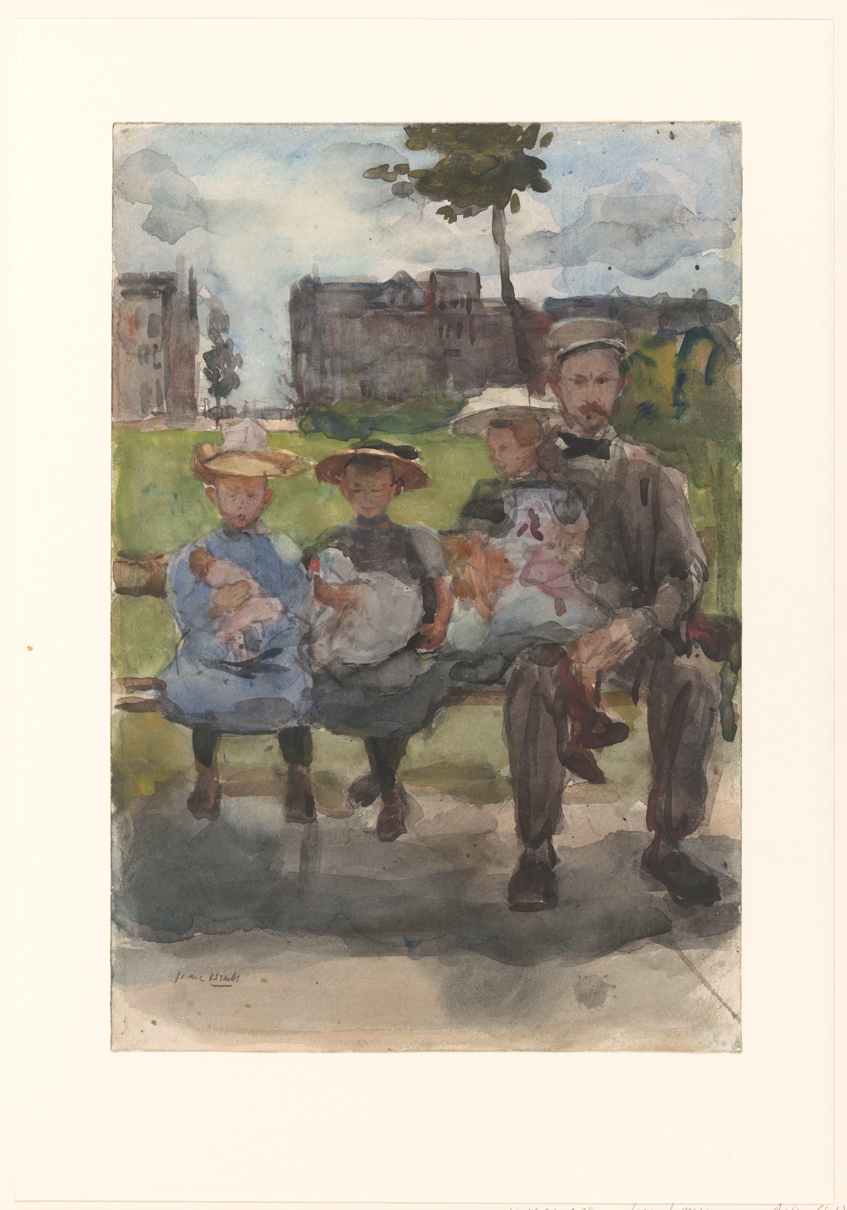 A Man with Three Girls on a Bench in the Oosterpark in Amsterdam